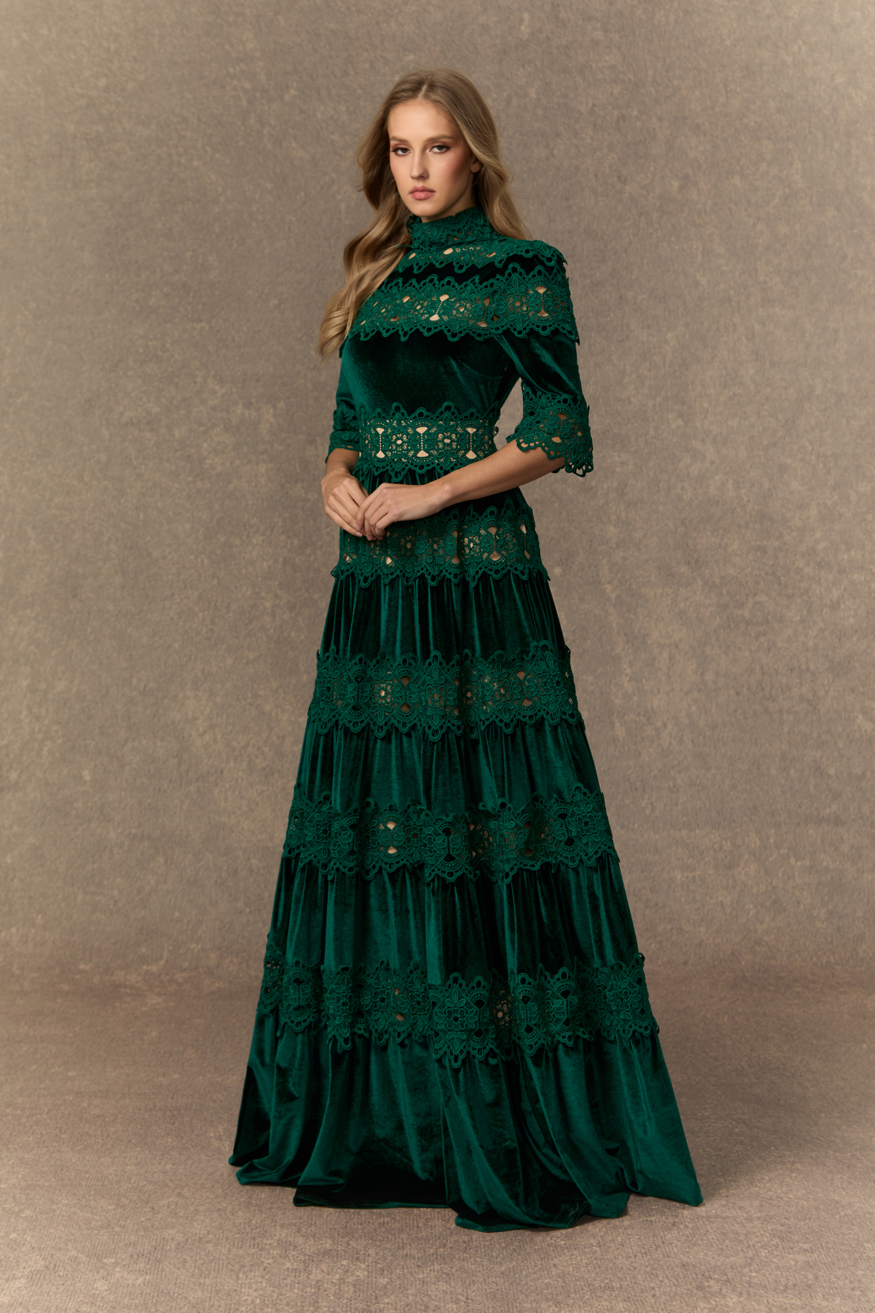 Romance That Wows Green Velvet Lace Tiered Maxi Dress