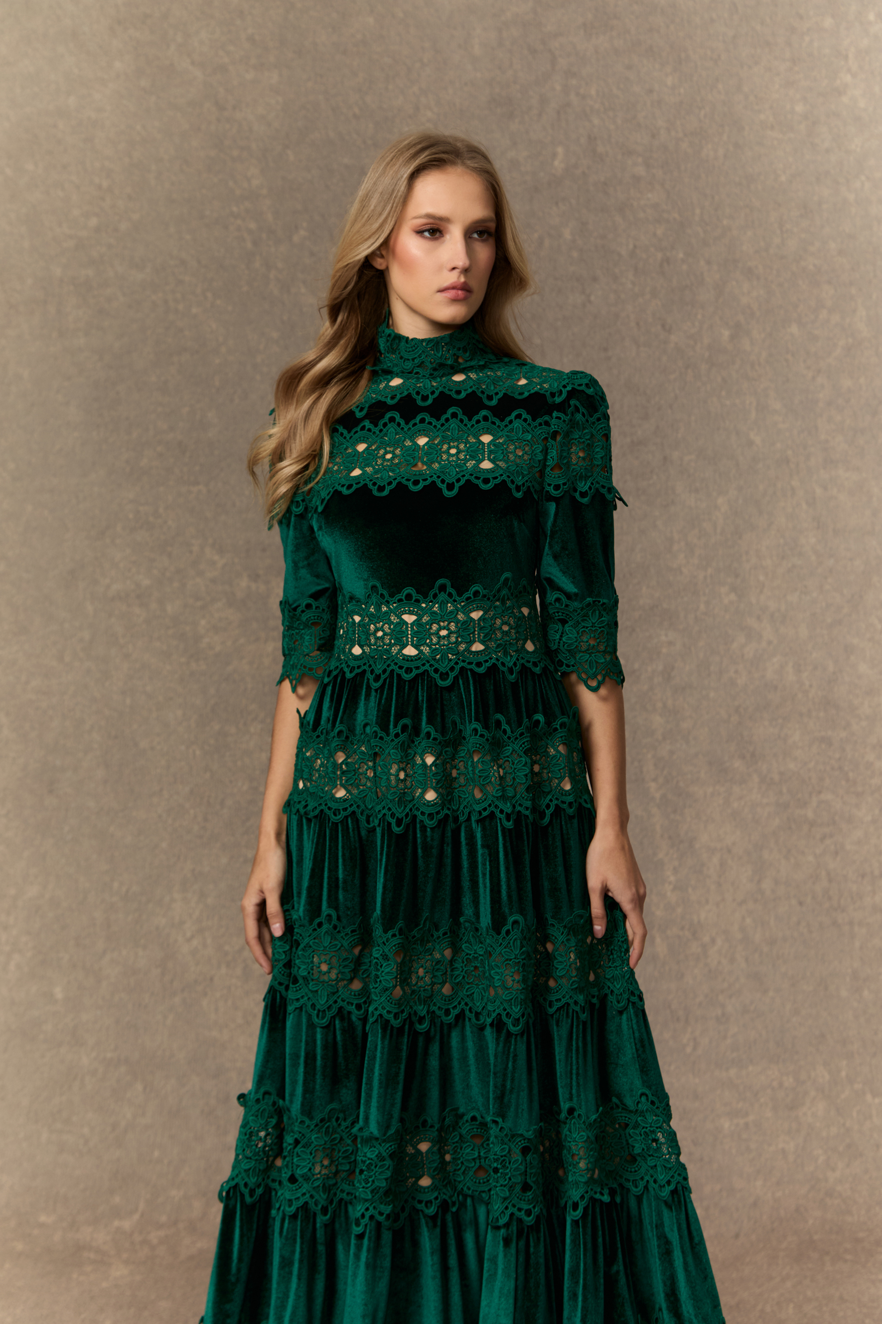 Romance That Wows Green Velvet Lace Tiered Maxi Dress