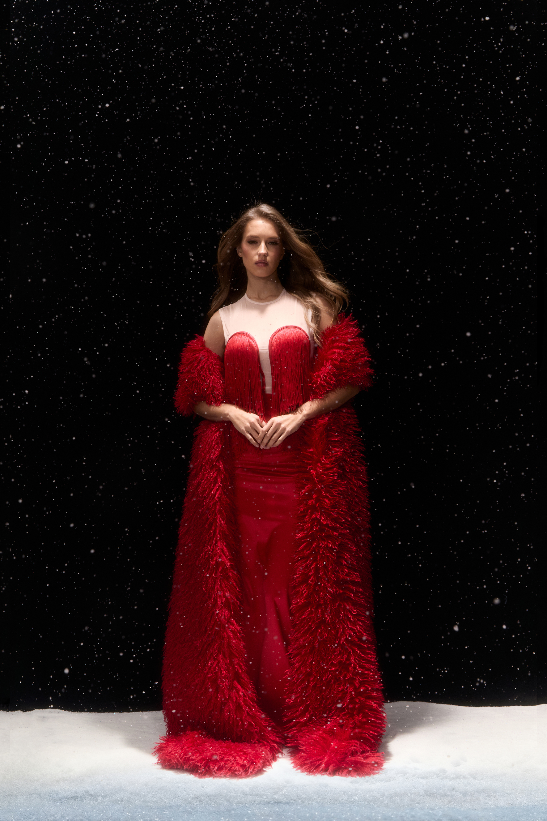 To Be Desired Red Feathered Cape Fringed Bodice Maxi Dress