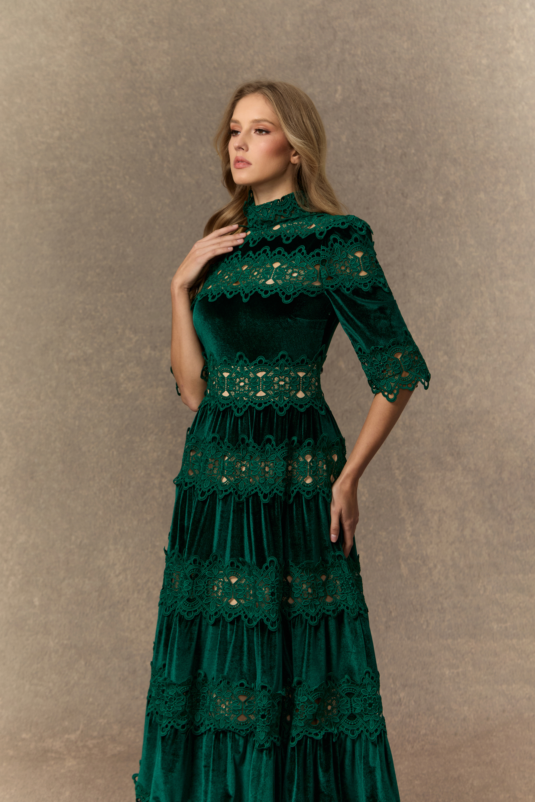 Romance That Wows Green Velvet Lace Tiered Maxi Dress