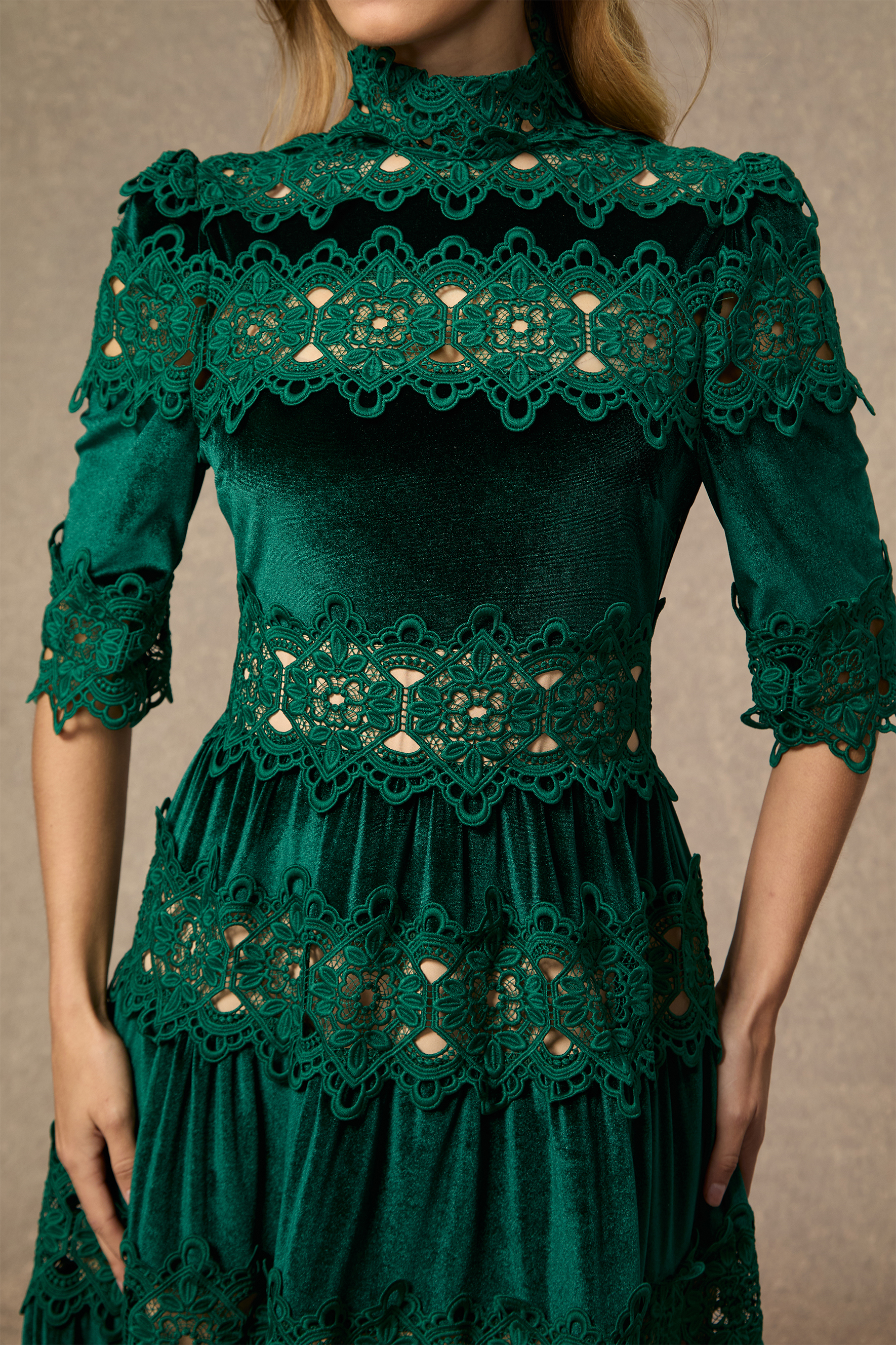 Romance That Wows Green Velvet Lace Tiered Maxi Dress