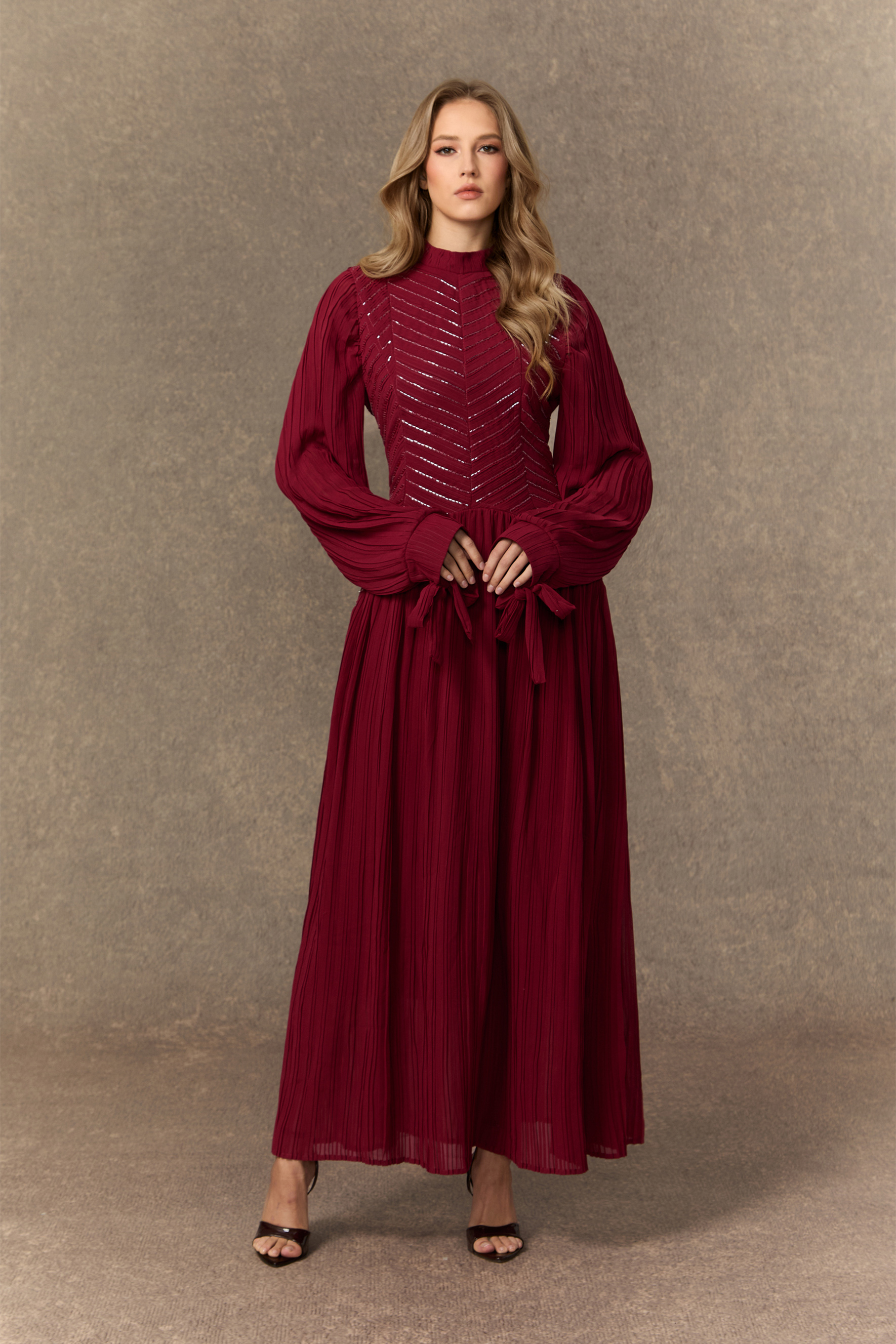 Nightfall Chic Burgundy Beaded Chevron Pleated Maxi Dress