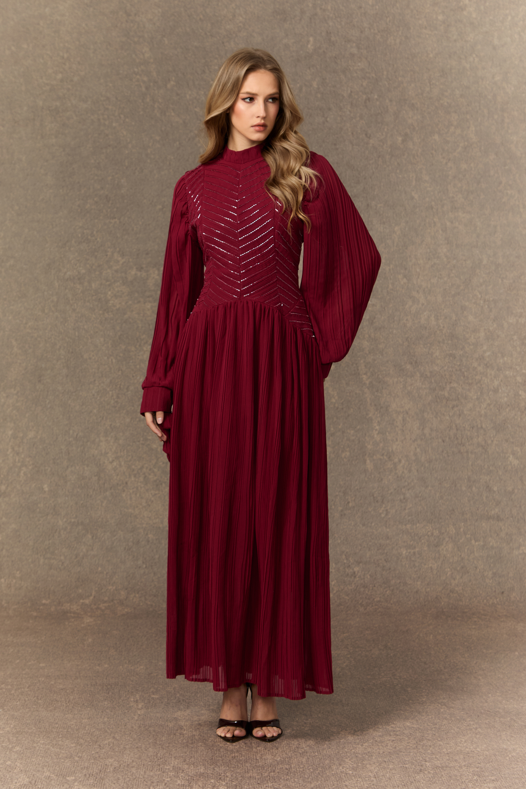 Nightfall Chic Burgundy Beaded Chevron Pleated Maxi Dress