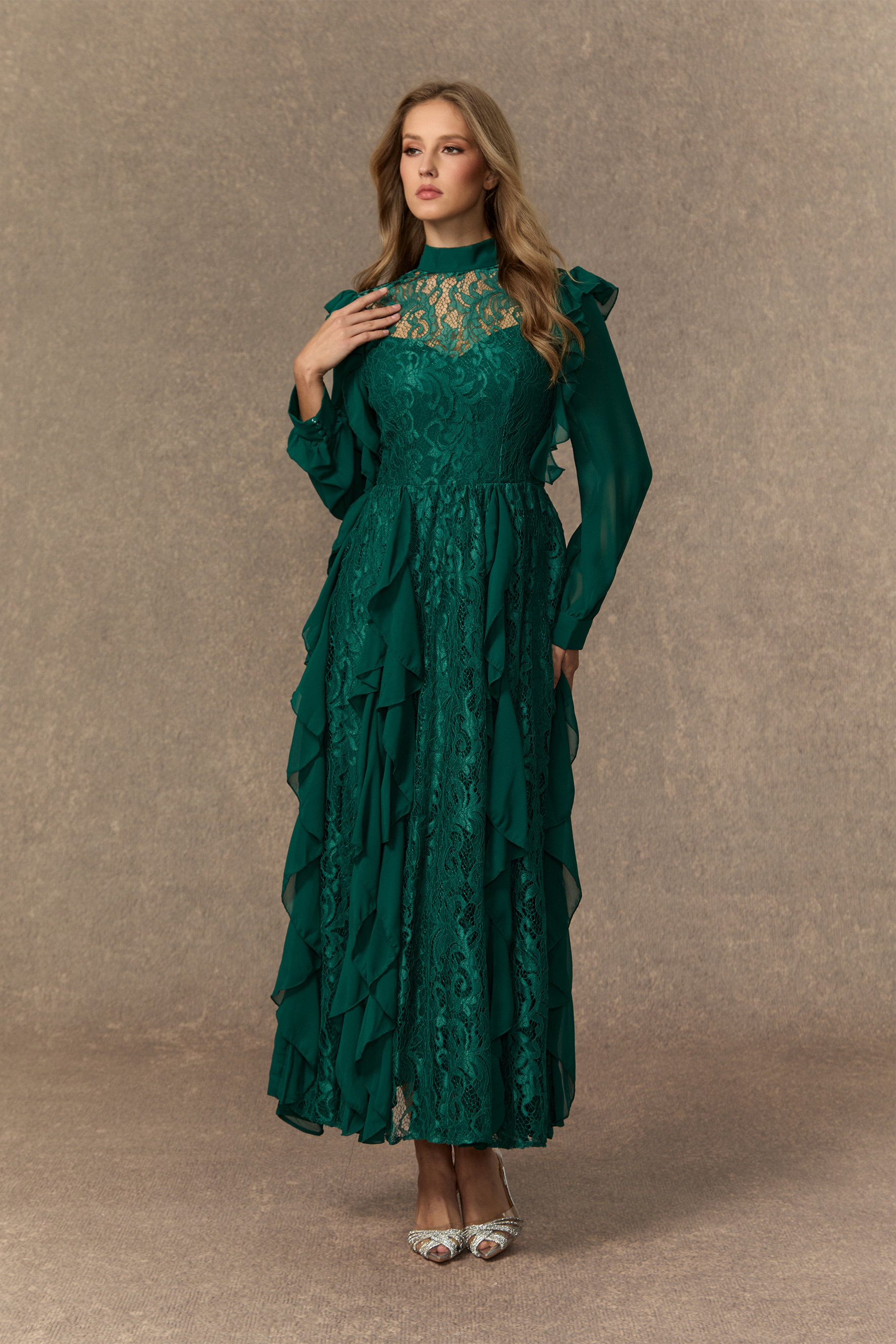 Sensational Memories Green Sheer Lace Ruffle Maxi Dress