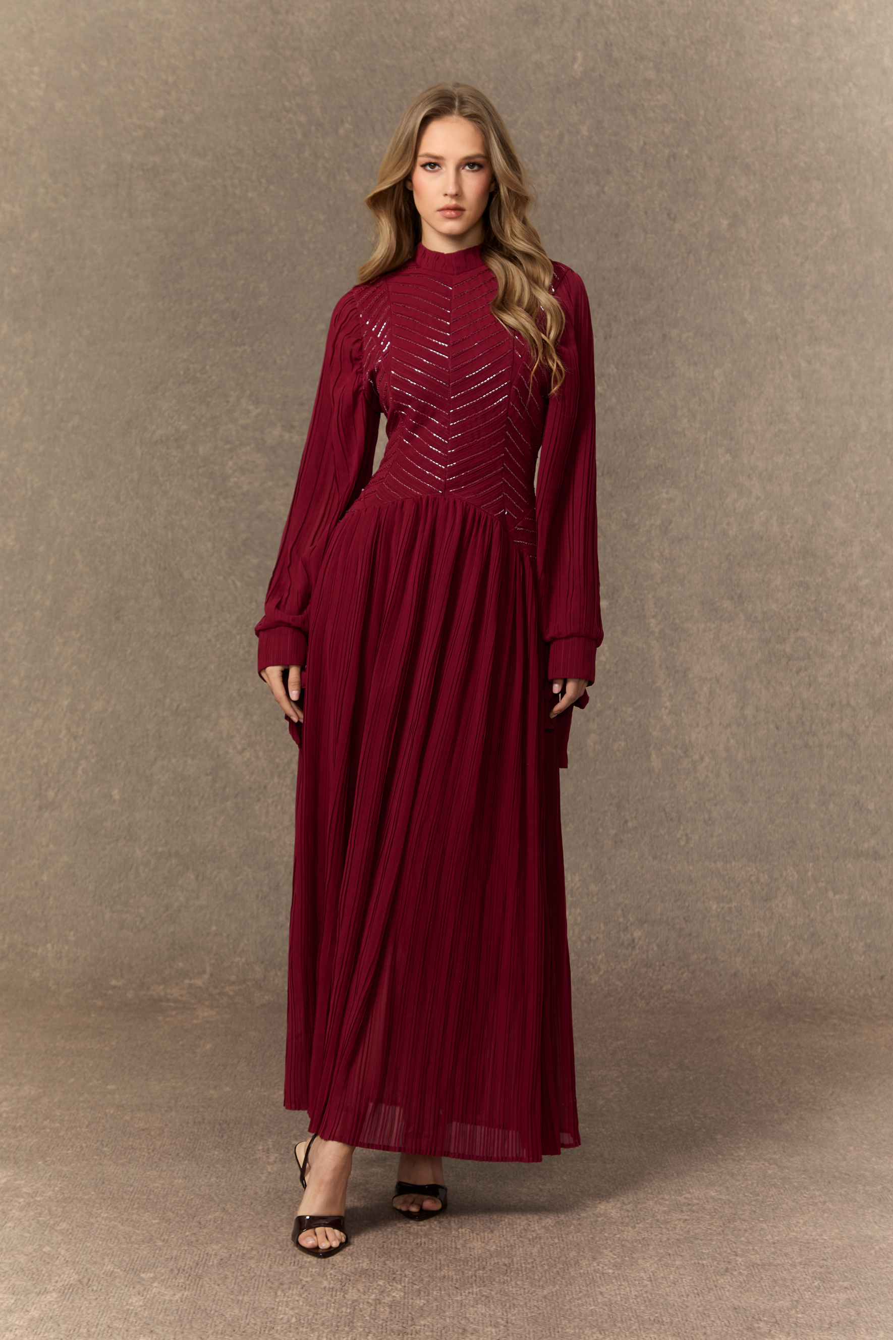 Nightfall Chic Burgundy Beaded Chevron Pleated Maxi Dress
