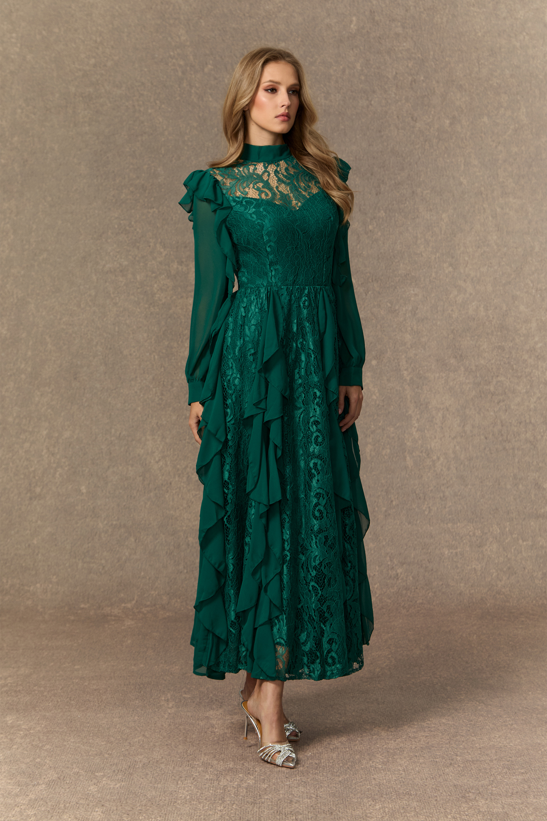 Sensational Memories Green Sheer Lace Ruffle Maxi Dress