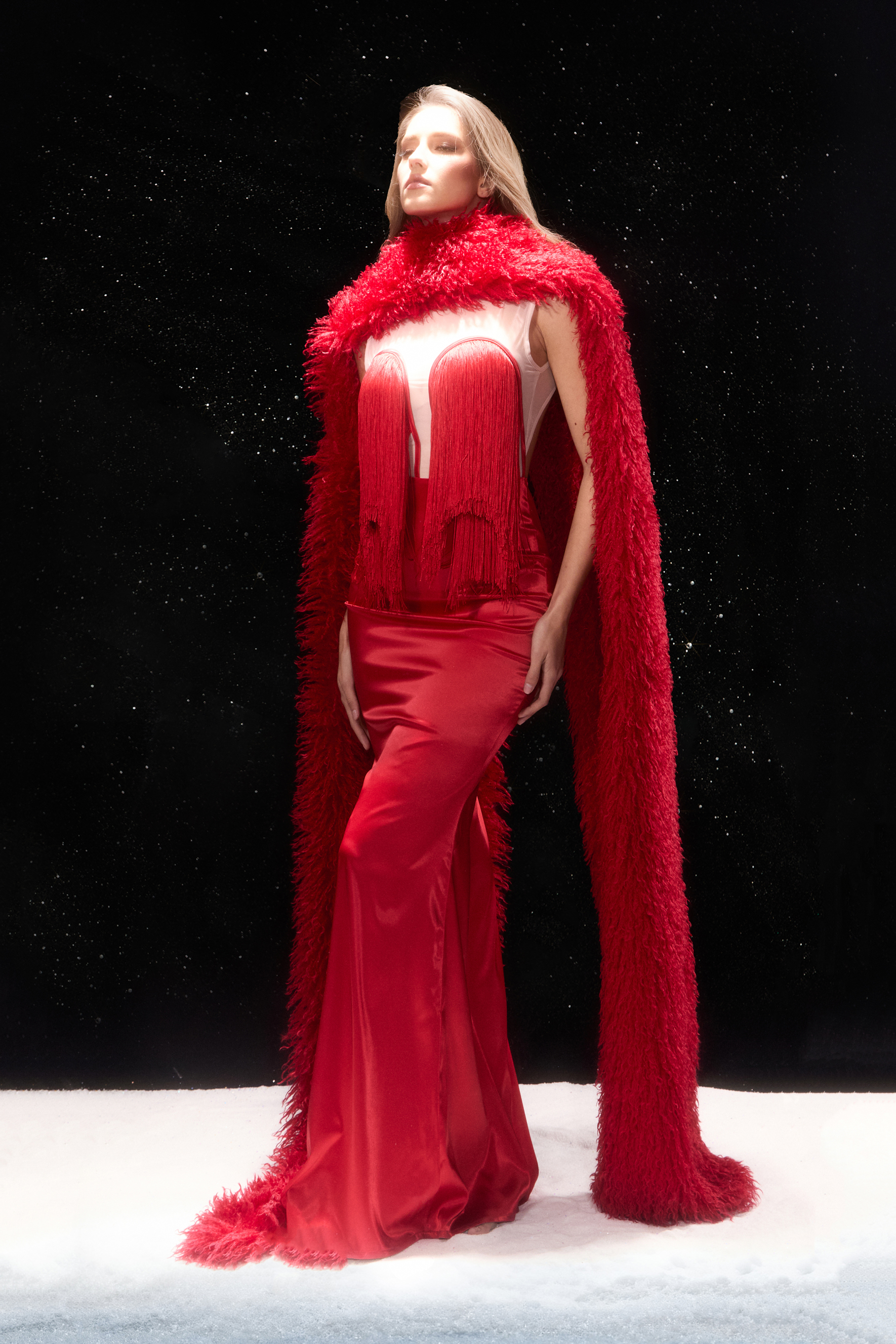 To Be Desired Red Feathered Cape Fringed Bodice Maxi Dress