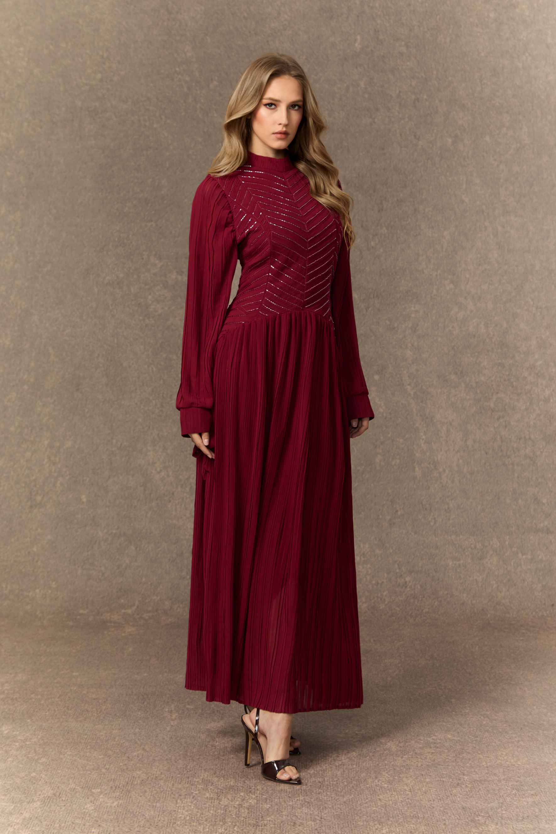 Nightfall Chic Burgundy Beaded Chevron Pleated Maxi Dress