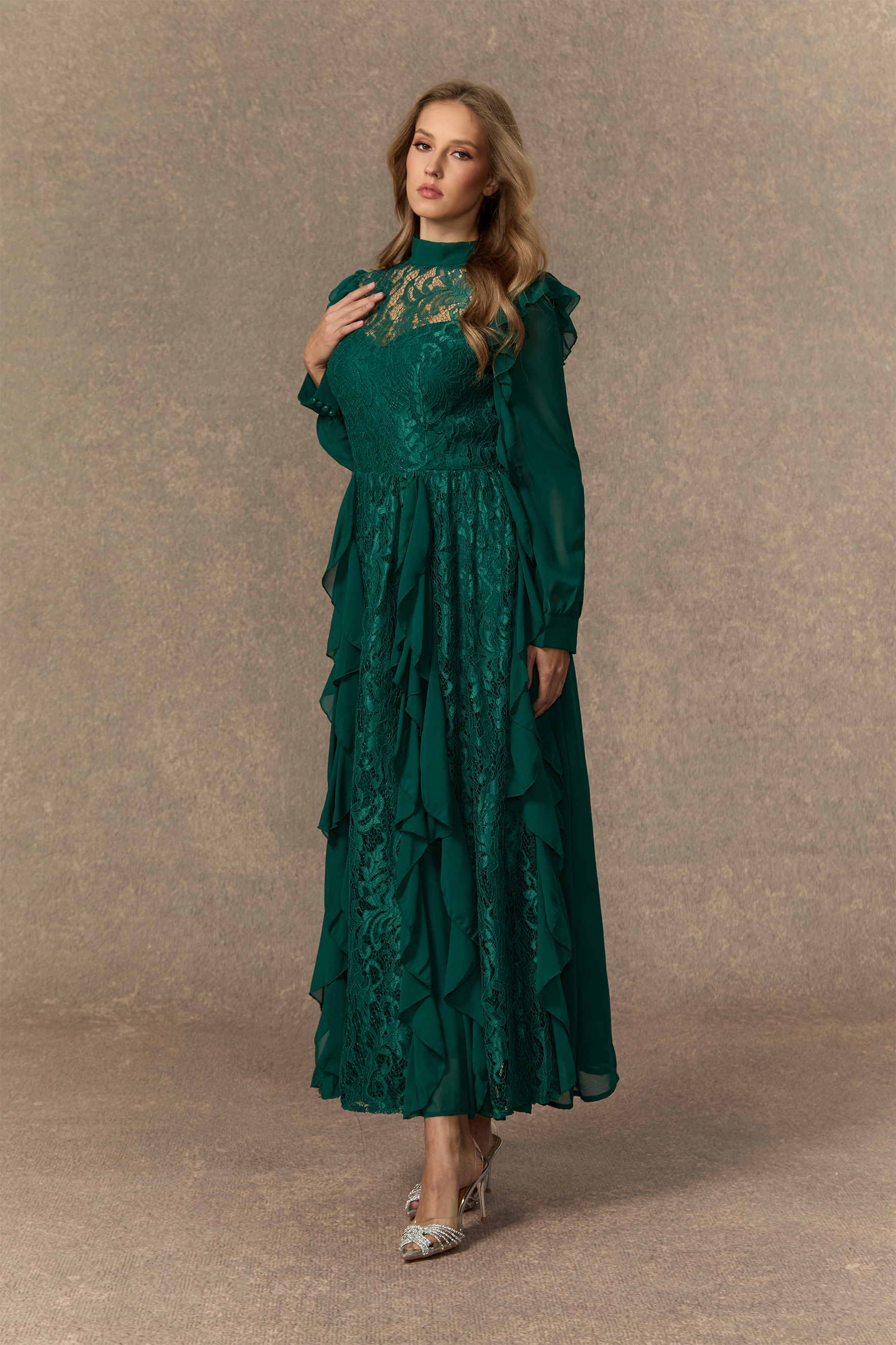 Sensational Memories Green Sheer Lace Ruffle Maxi Dress