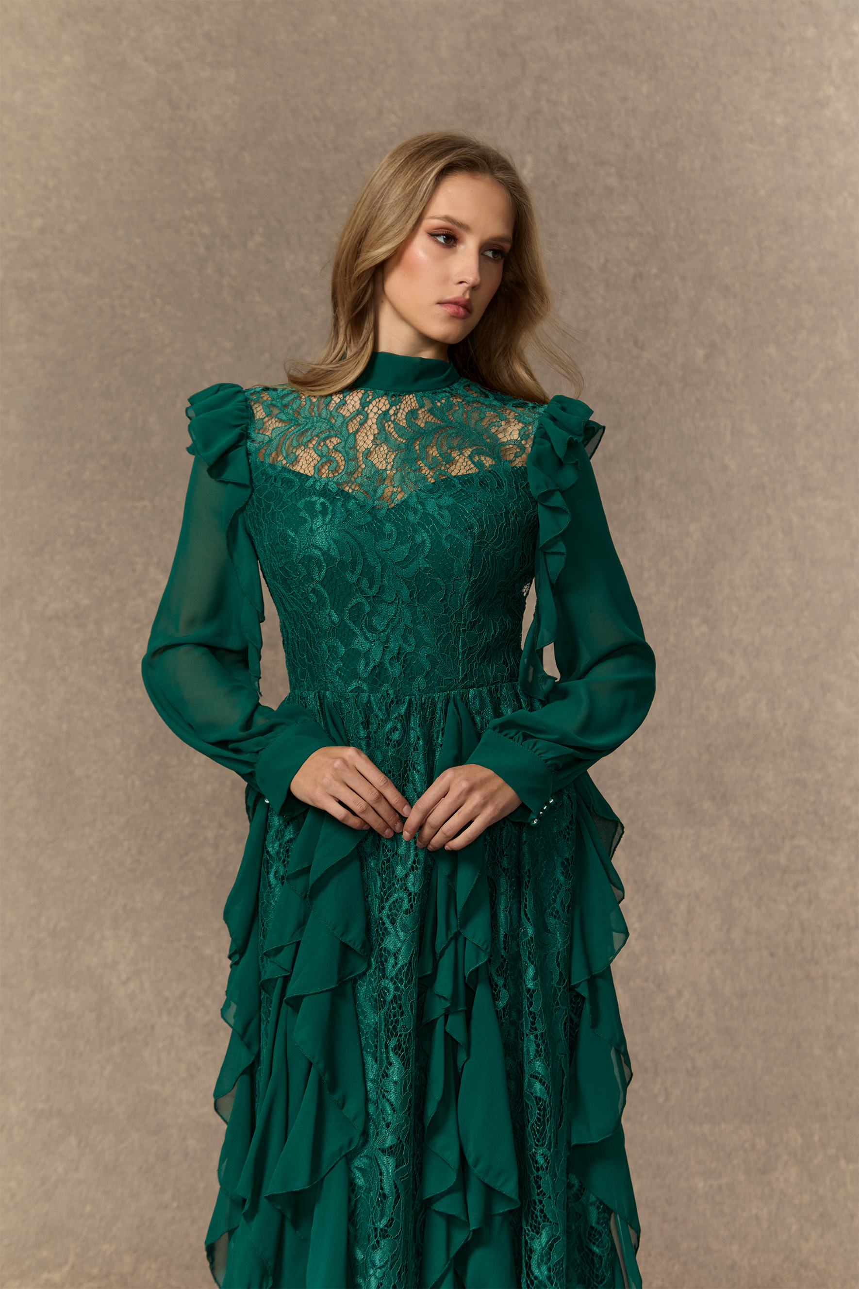 Sensational Memories Green Sheer Lace Ruffle Maxi Dress