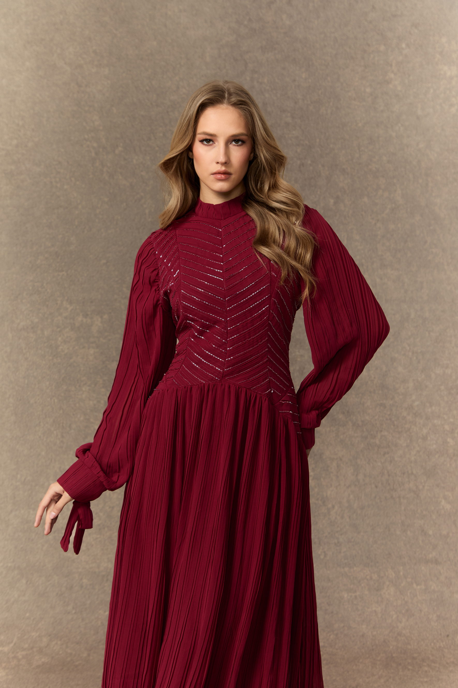 Nightfall Chic Burgundy Beaded Chevron Pleated Maxi Dress