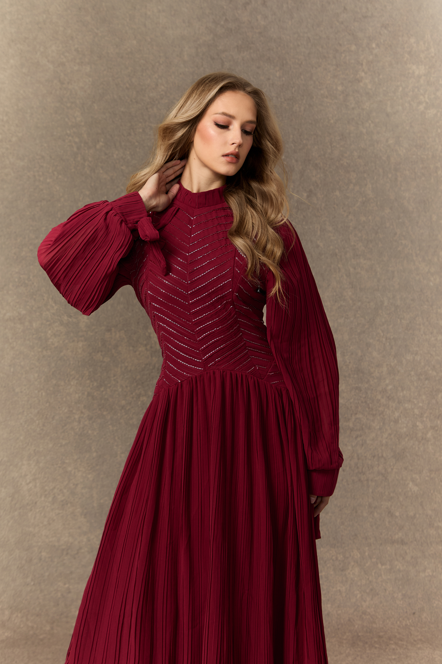 Nightfall Chic Burgundy Beaded Chevron Pleated Maxi Dress