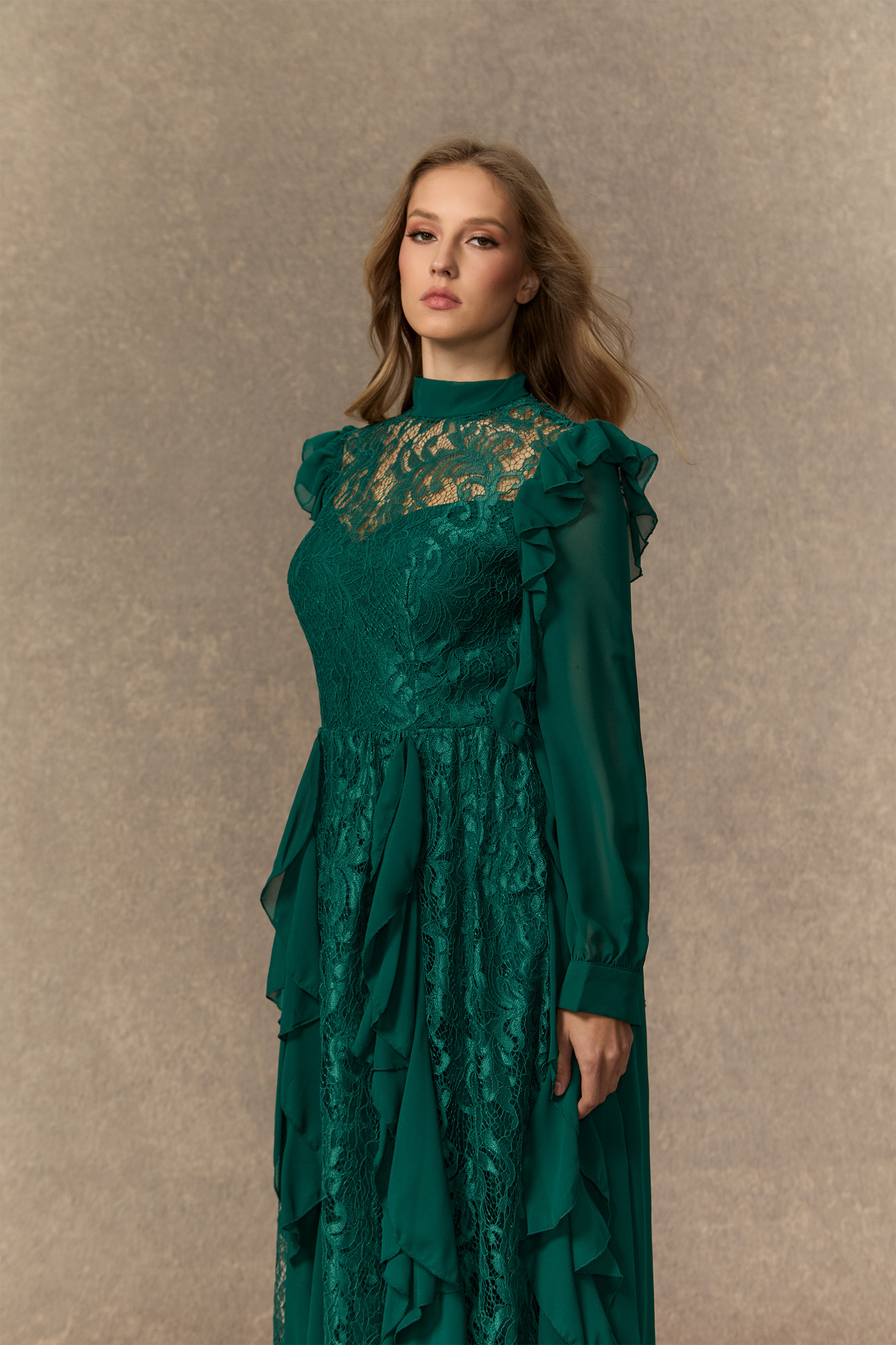 Sensational Memories Green Sheer Lace Ruffle Maxi Dress