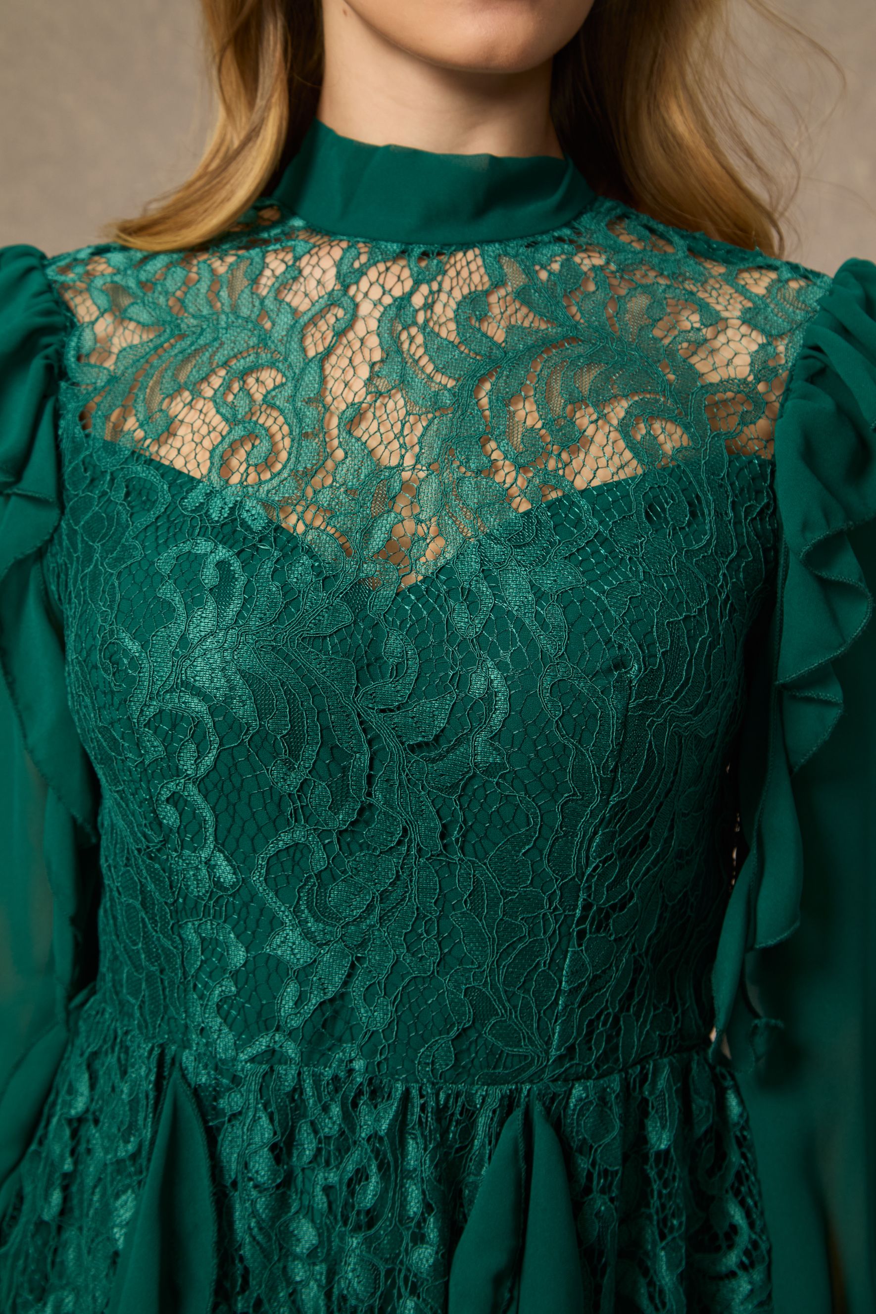 Sensational Memories Green Sheer Lace Ruffle Maxi Dress