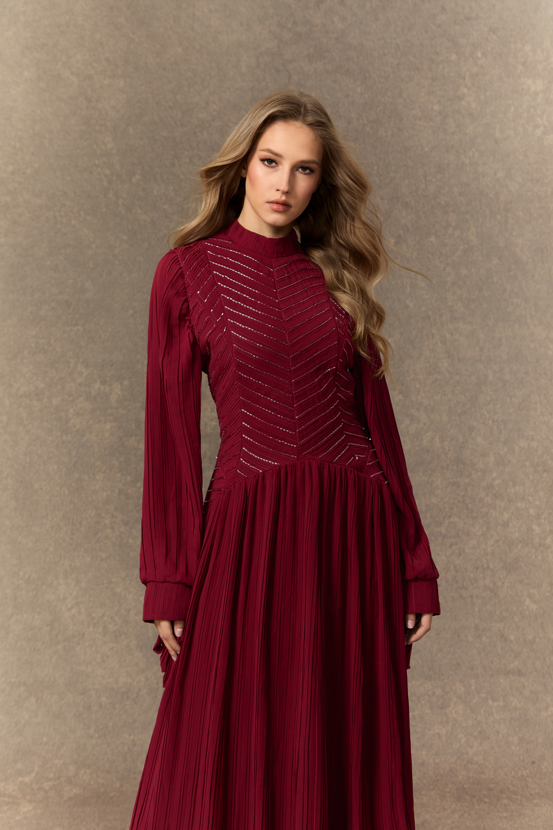 Nightfall Chic Burgundy Beaded Chevron Pleated Maxi Dress