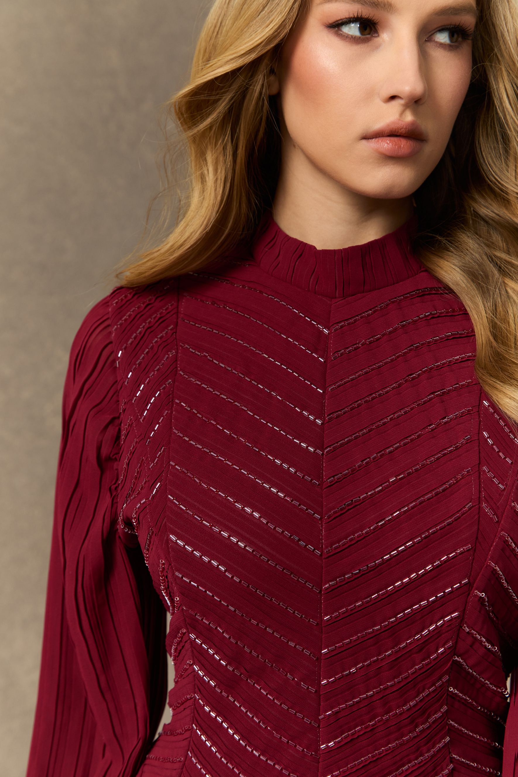 Nightfall Chic Burgundy Beaded Chevron Pleated Maxi Dress