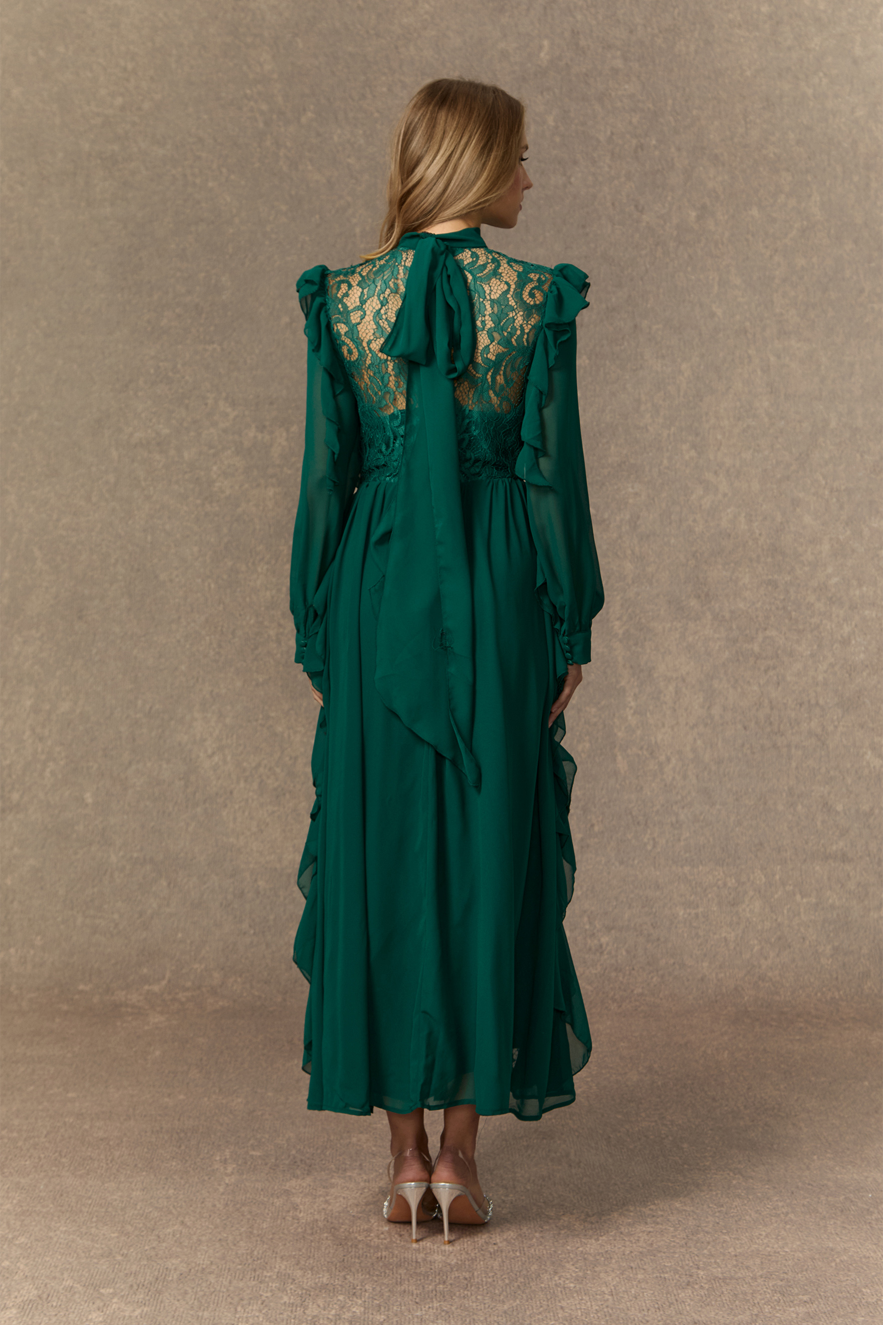 Sensational Memories Green Sheer Lace Ruffle Maxi Dress