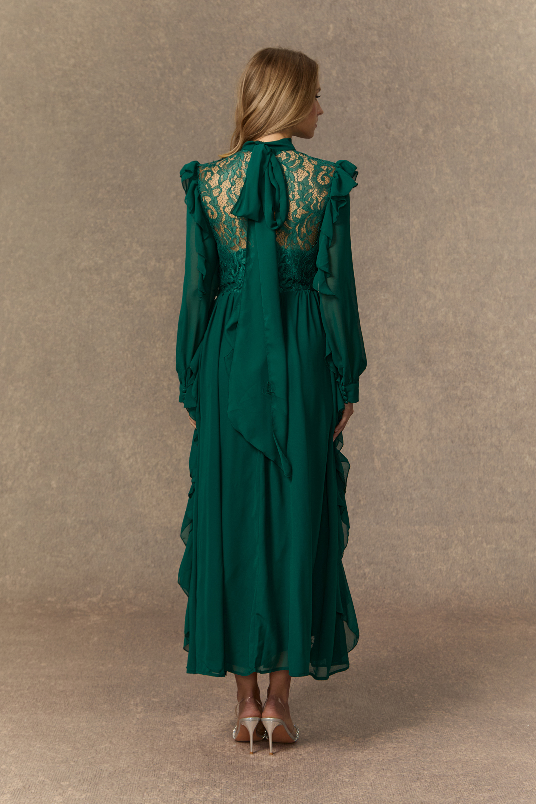 Sensational Memories Green Sheer Lace Ruffle Maxi Dress