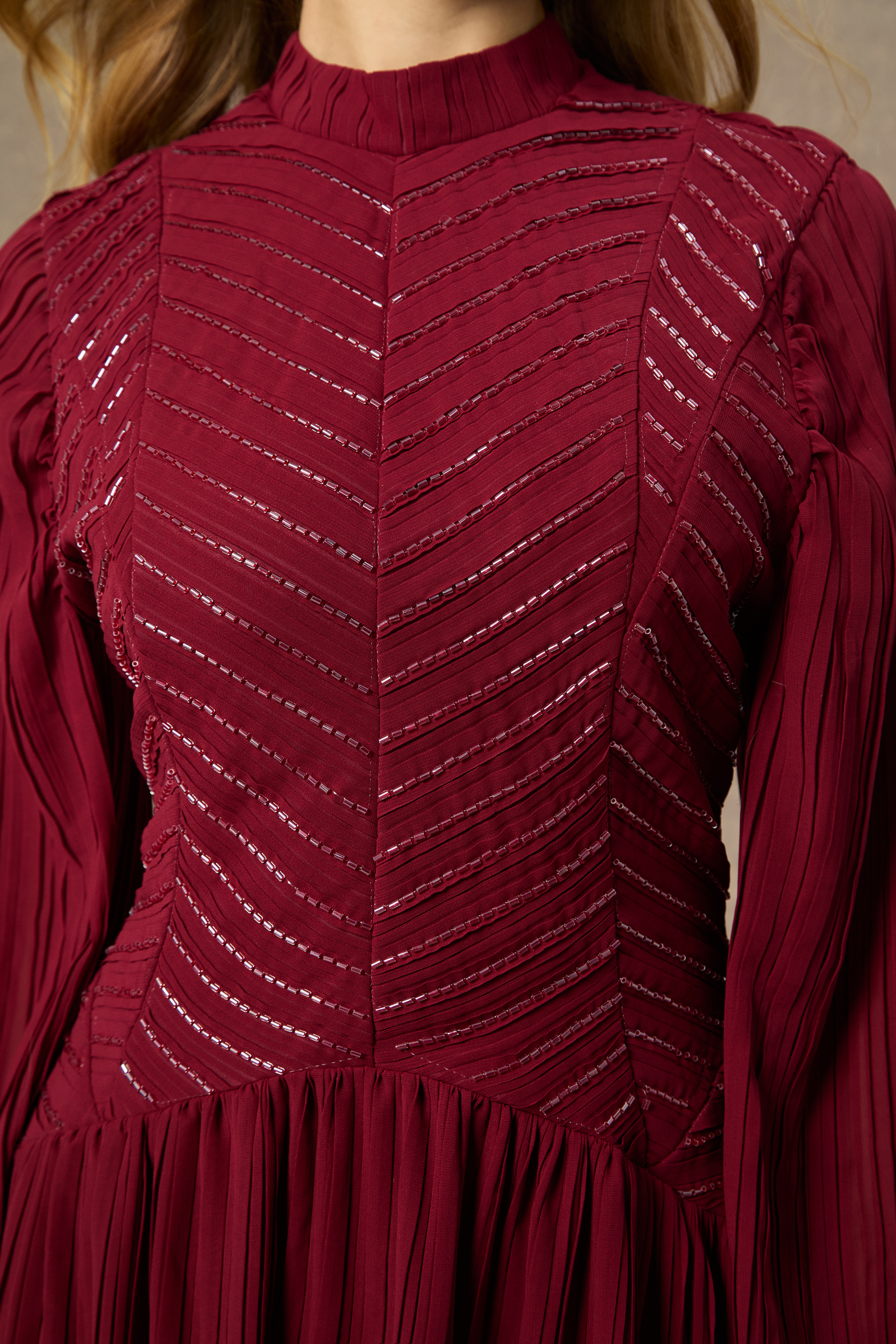 Nightfall Chic Burgundy Beaded Chevron Pleated Maxi Dress