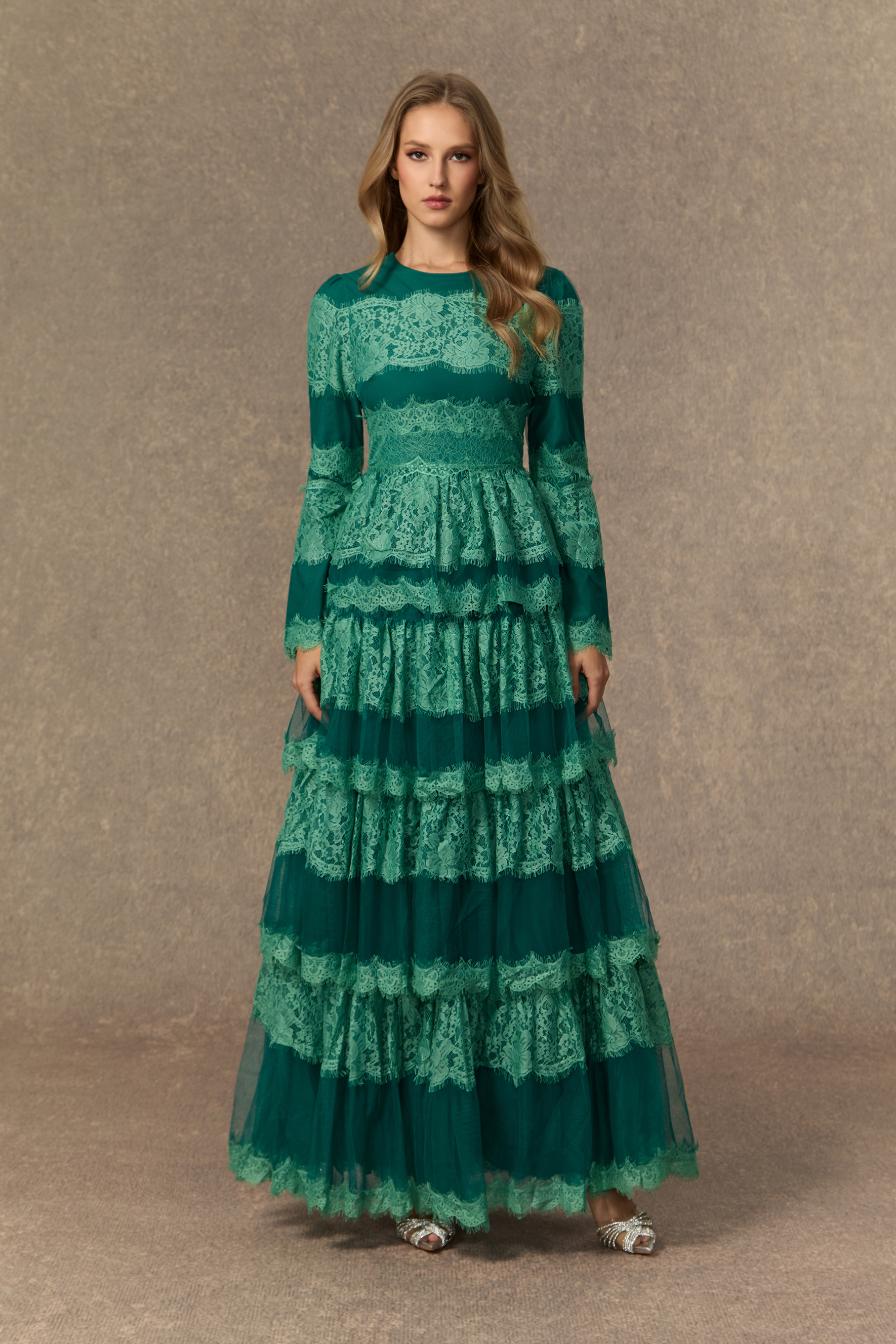 Flawlessly Gorgeous Green Tiered Lace Maxi Dress