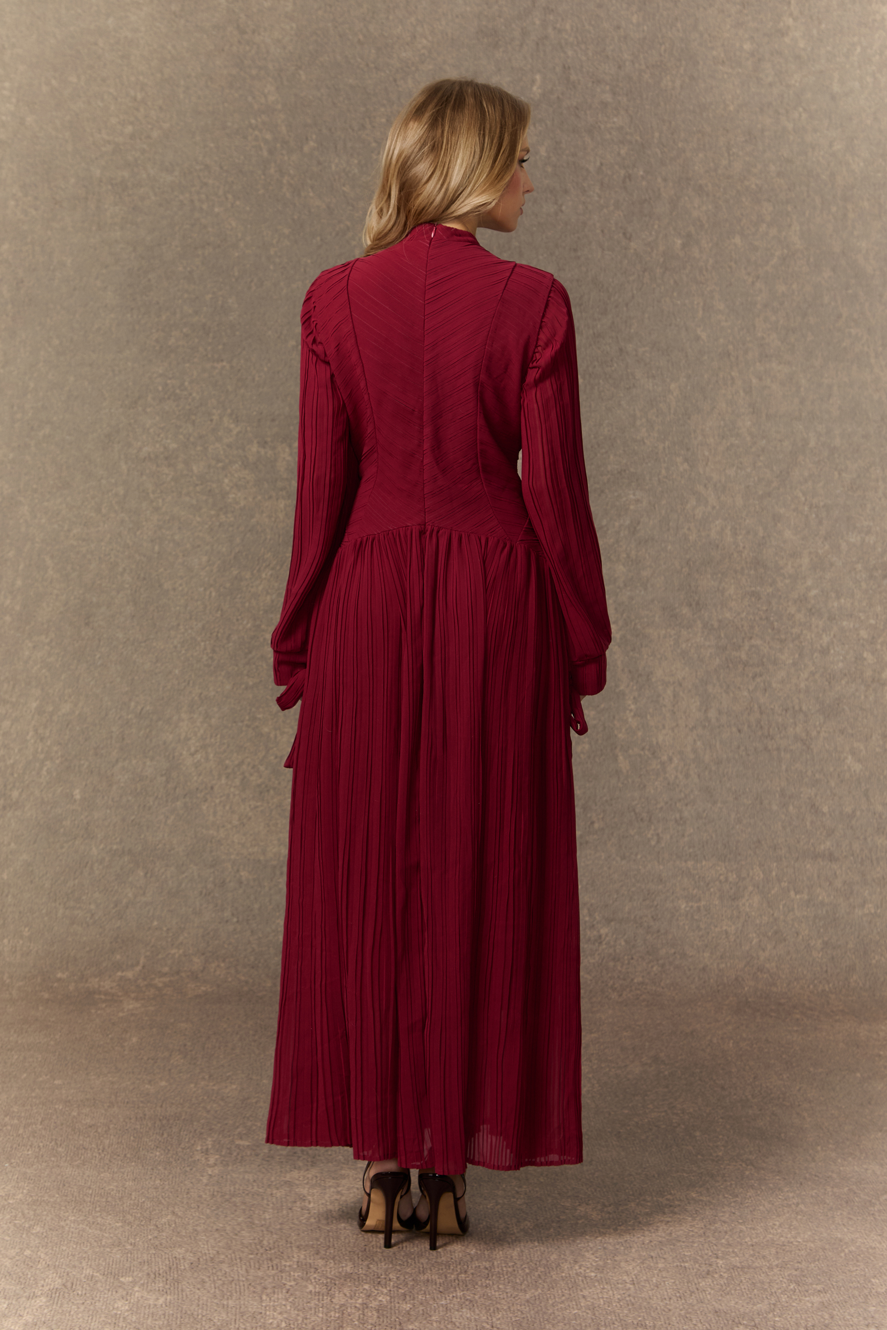 Nightfall Chic Burgundy Beaded Chevron Pleated Maxi Dress