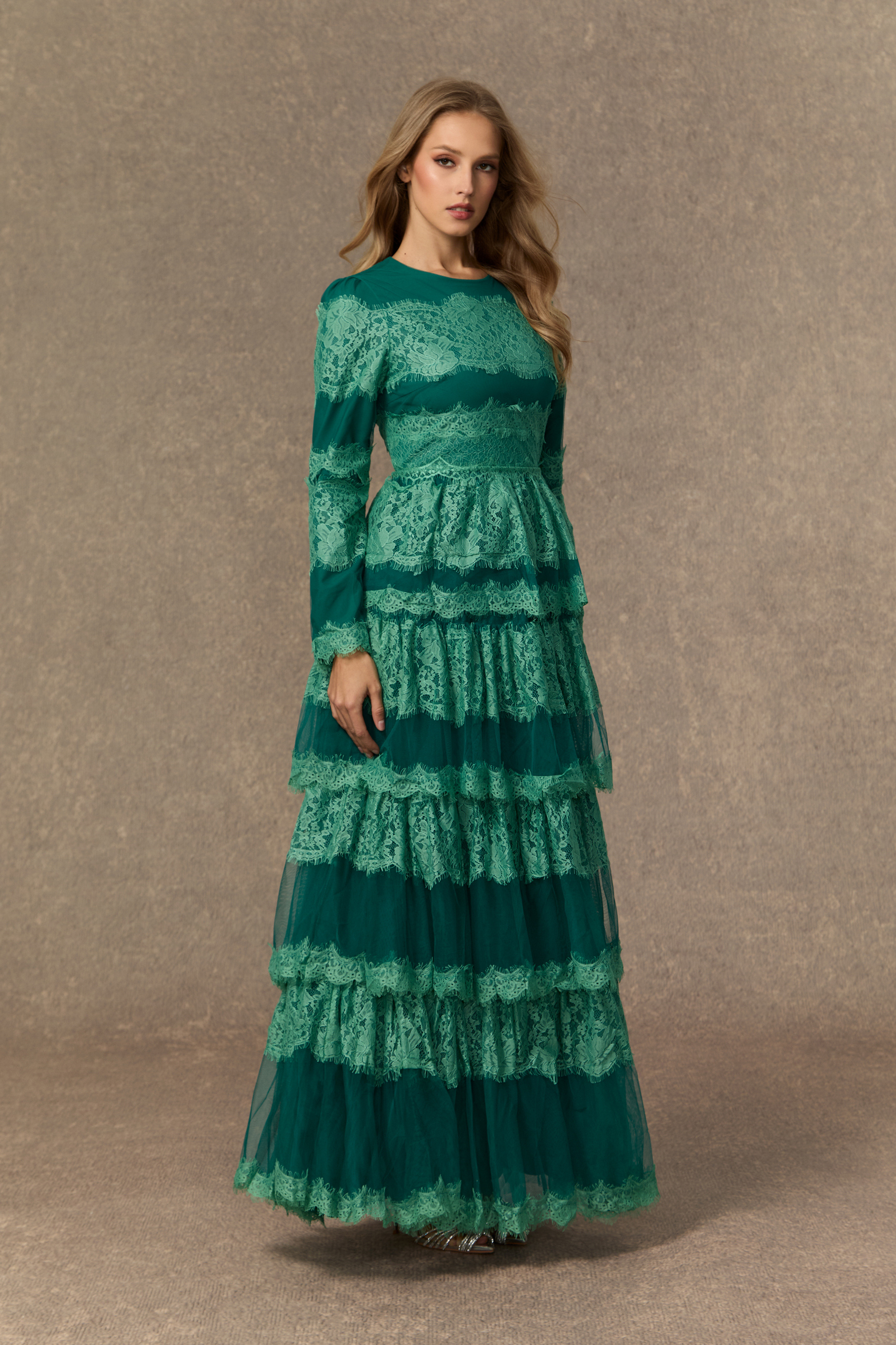 Flawlessly Gorgeous Green Tiered Lace Maxi Dress