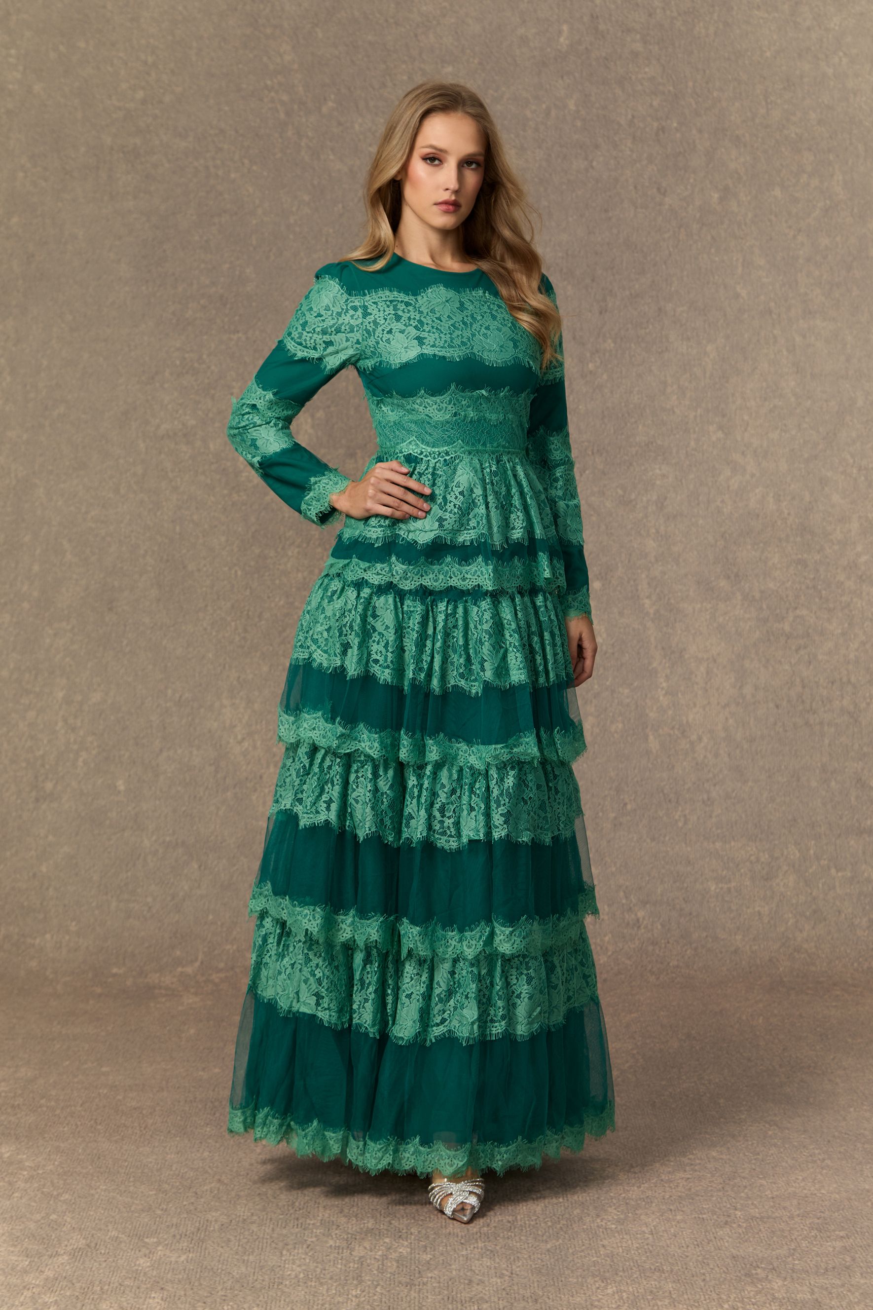 Flawlessly Gorgeous Green Tiered Lace Maxi Dress