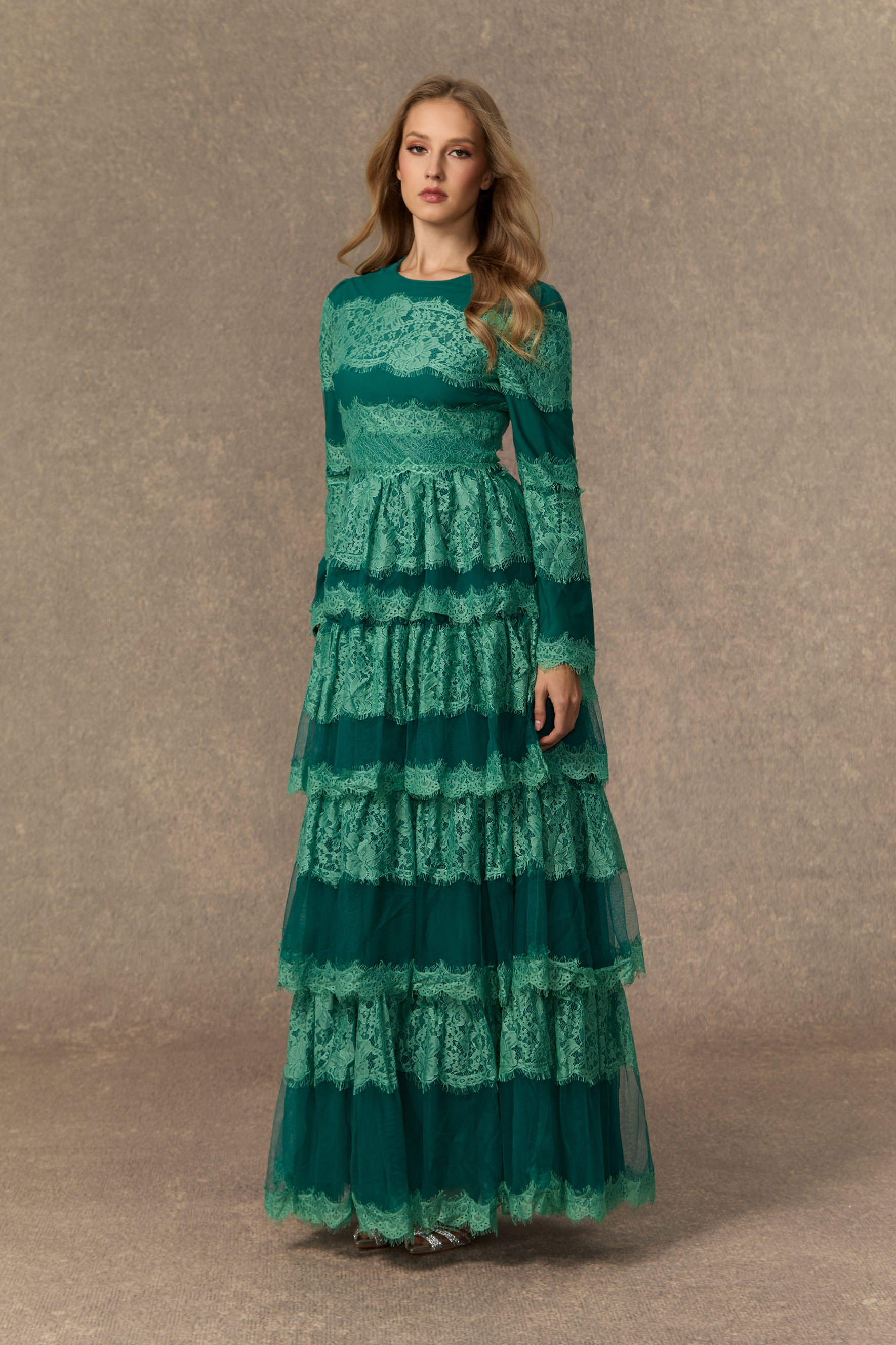 Flawlessly Gorgeous Green Tiered Lace Maxi Dress
