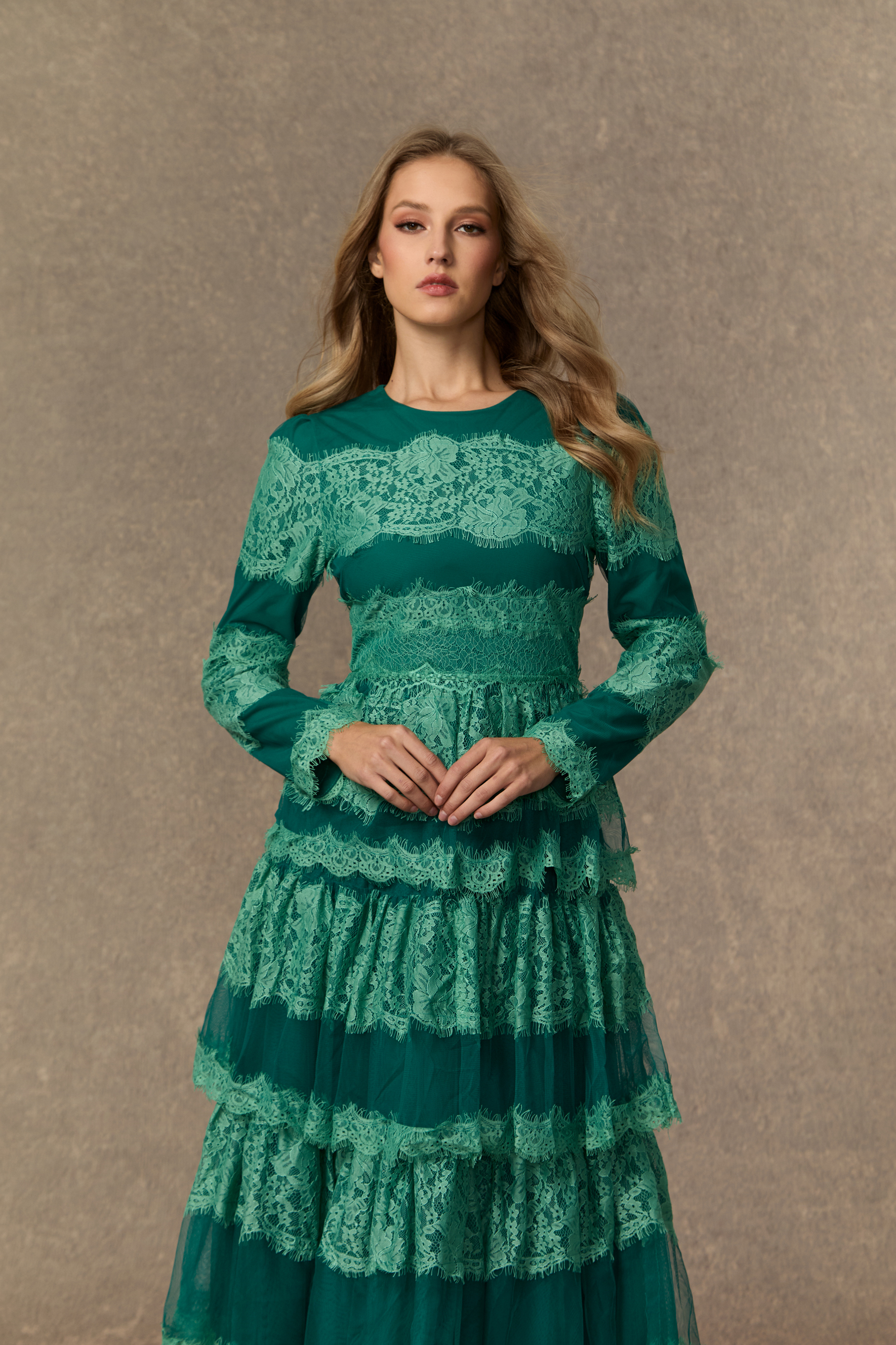 Flawlessly Gorgeous Green Tiered Lace Maxi Dress