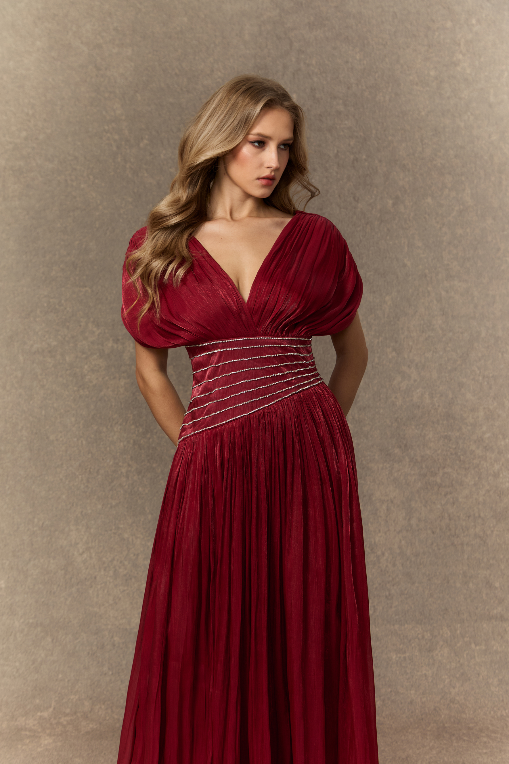 Captivating Presence Burgundy V-neck Embellished Maxi Dress