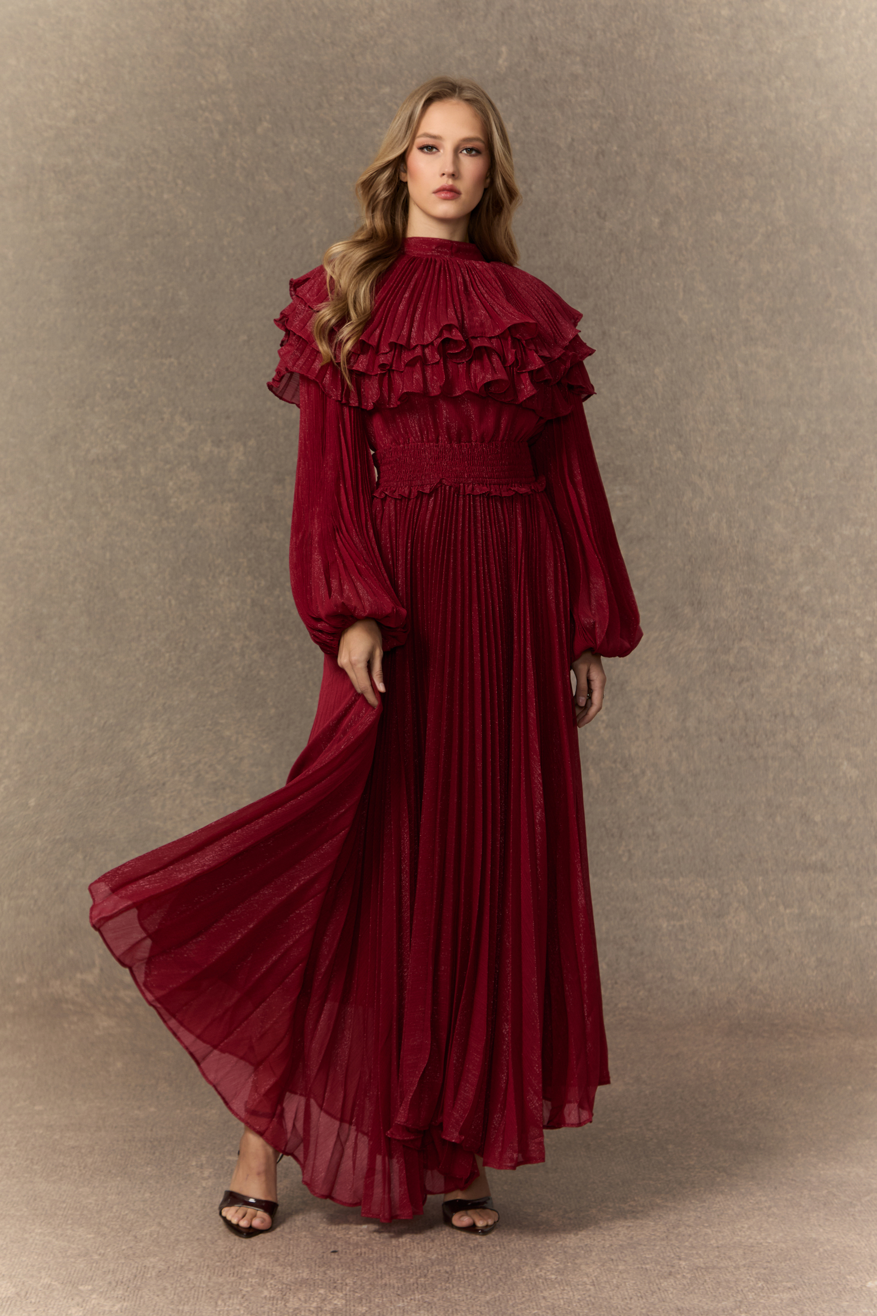 Flirtation Hour Bugundy Layered Ruffle Pleated Maxi Dress