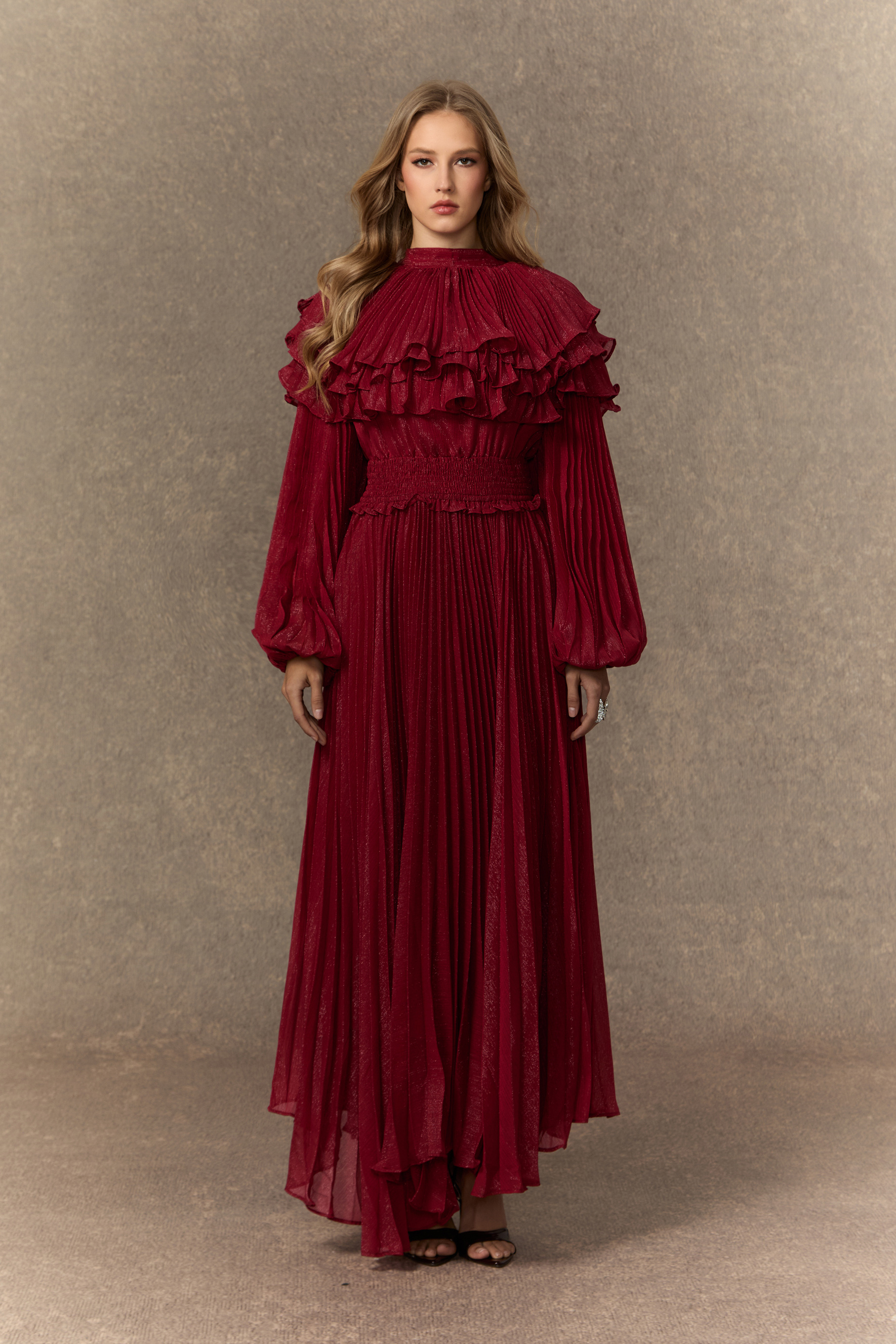 Flirtation Hour Bugundy Layered Ruffle Pleated Maxi Dress