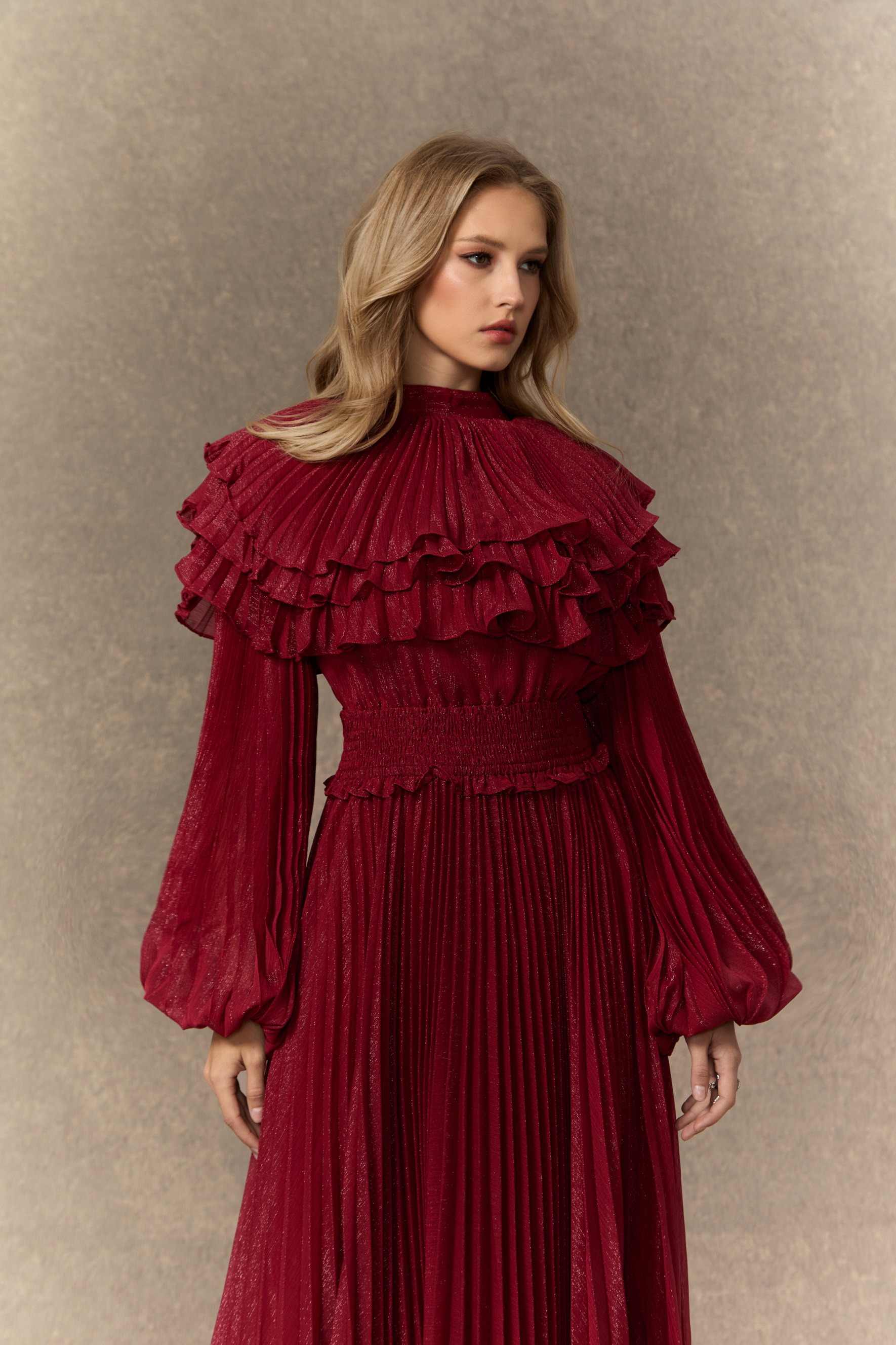 Flirtation Hour Bugundy Layered Ruffle Pleated Maxi Dress