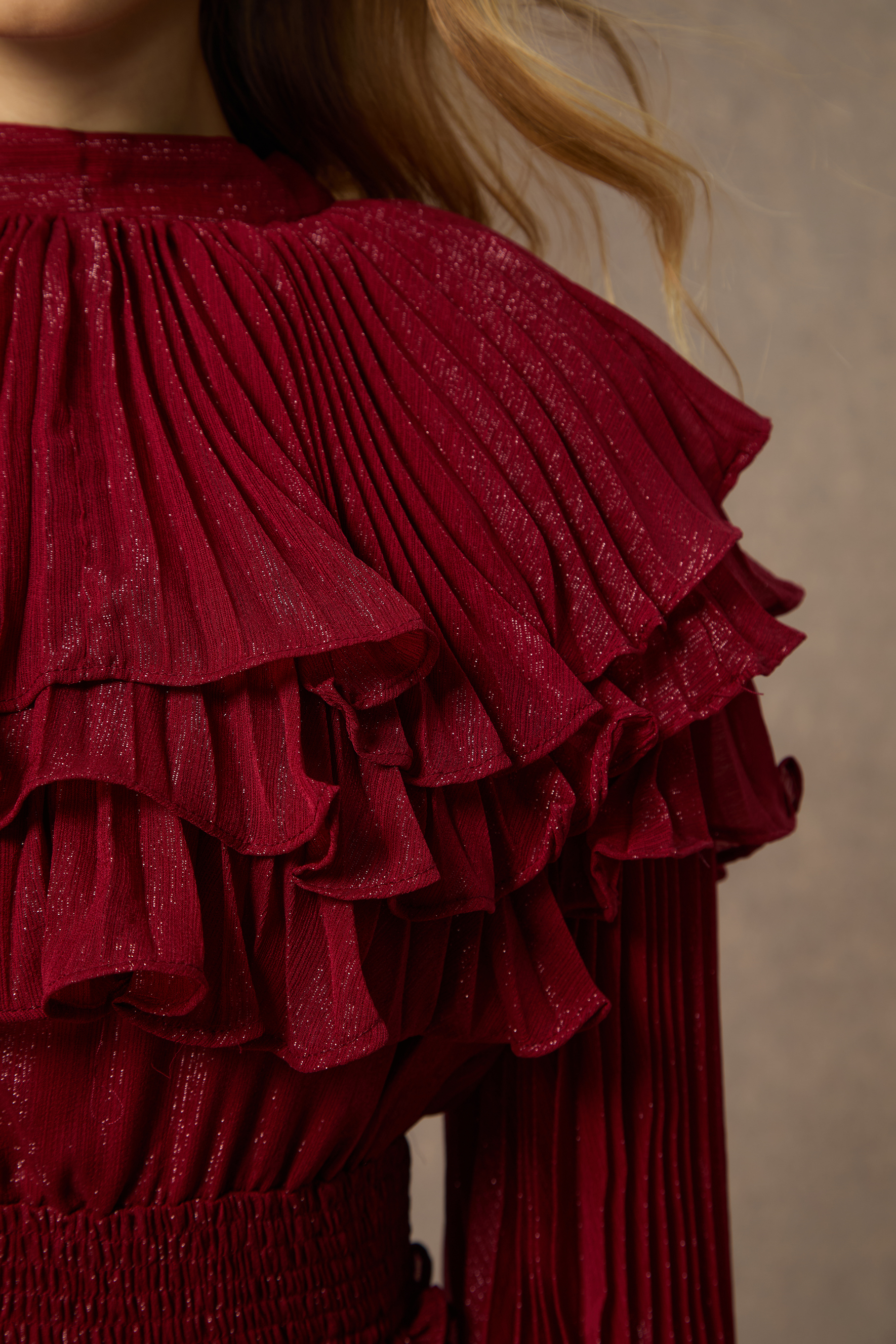 Flirtation Hour Bugundy Layered Ruffle Pleated Maxi Dress