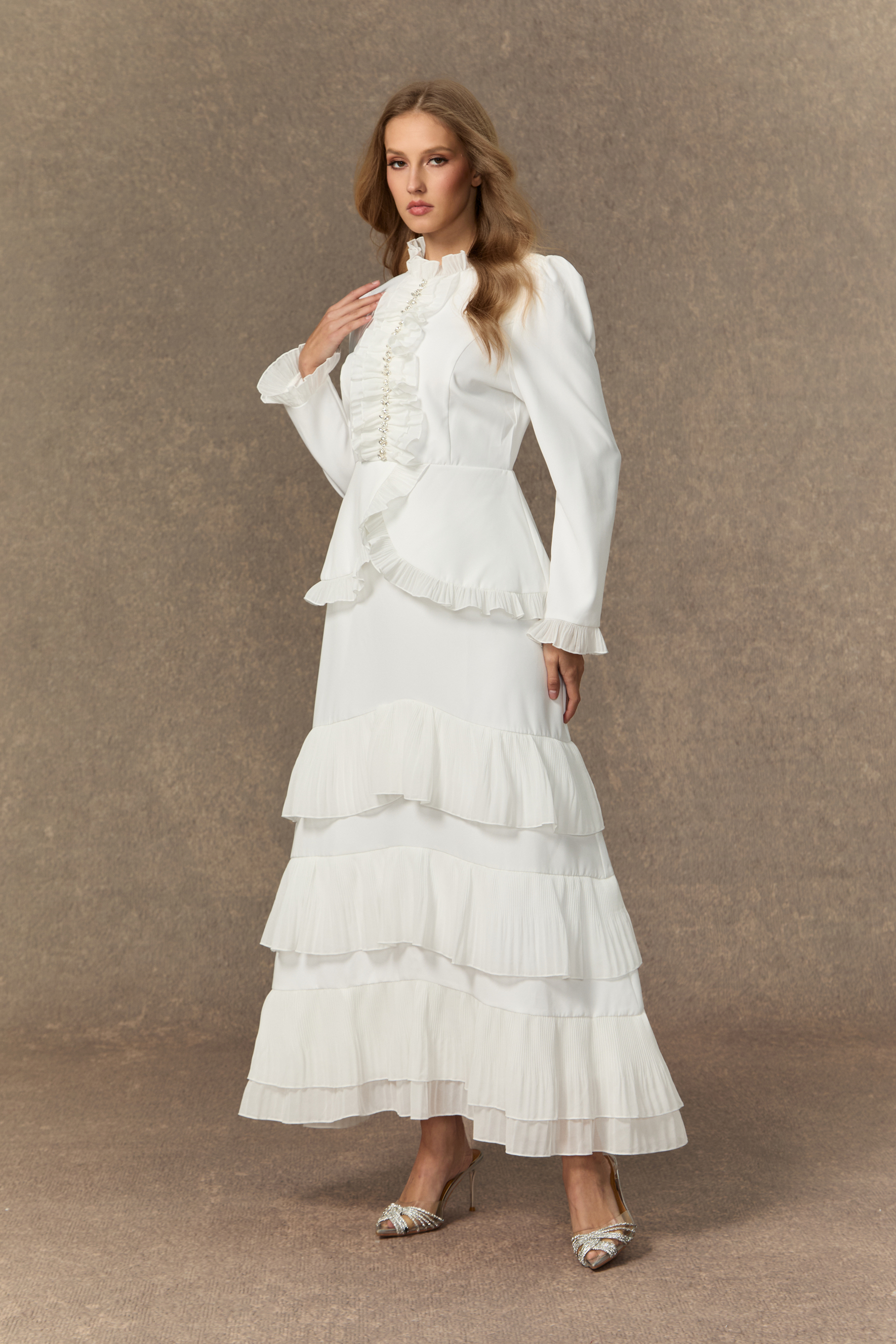 Exquisite Refinement White Rhinestone Embellished Top & Tiered Ruffle Skirt Set