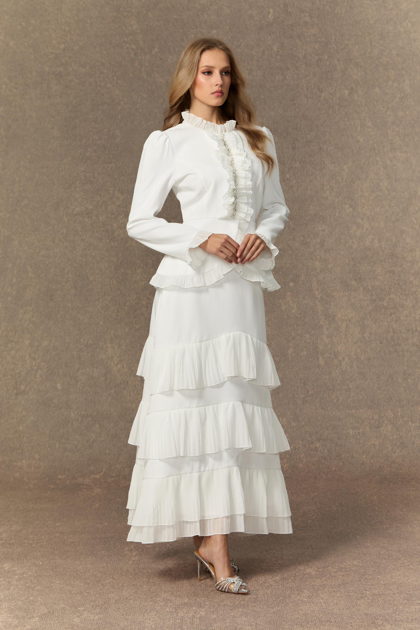 Exquisite Refinement White Rhinestone Embellished Top & Tiered Ruffle Skirt Set