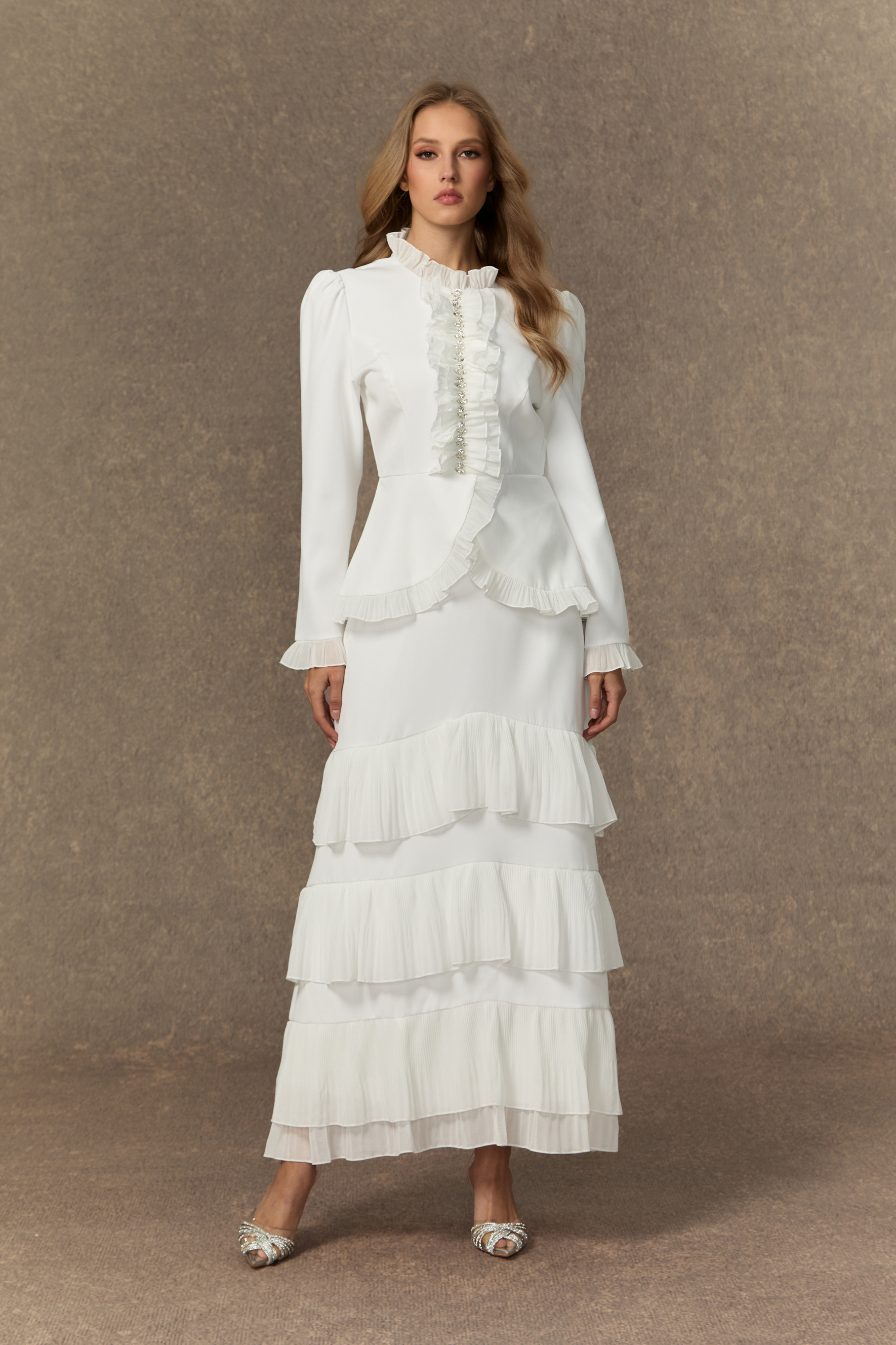 Exquisite Refinement White Rhinestone Embellished Top & Tiered Ruffle Skirt Set