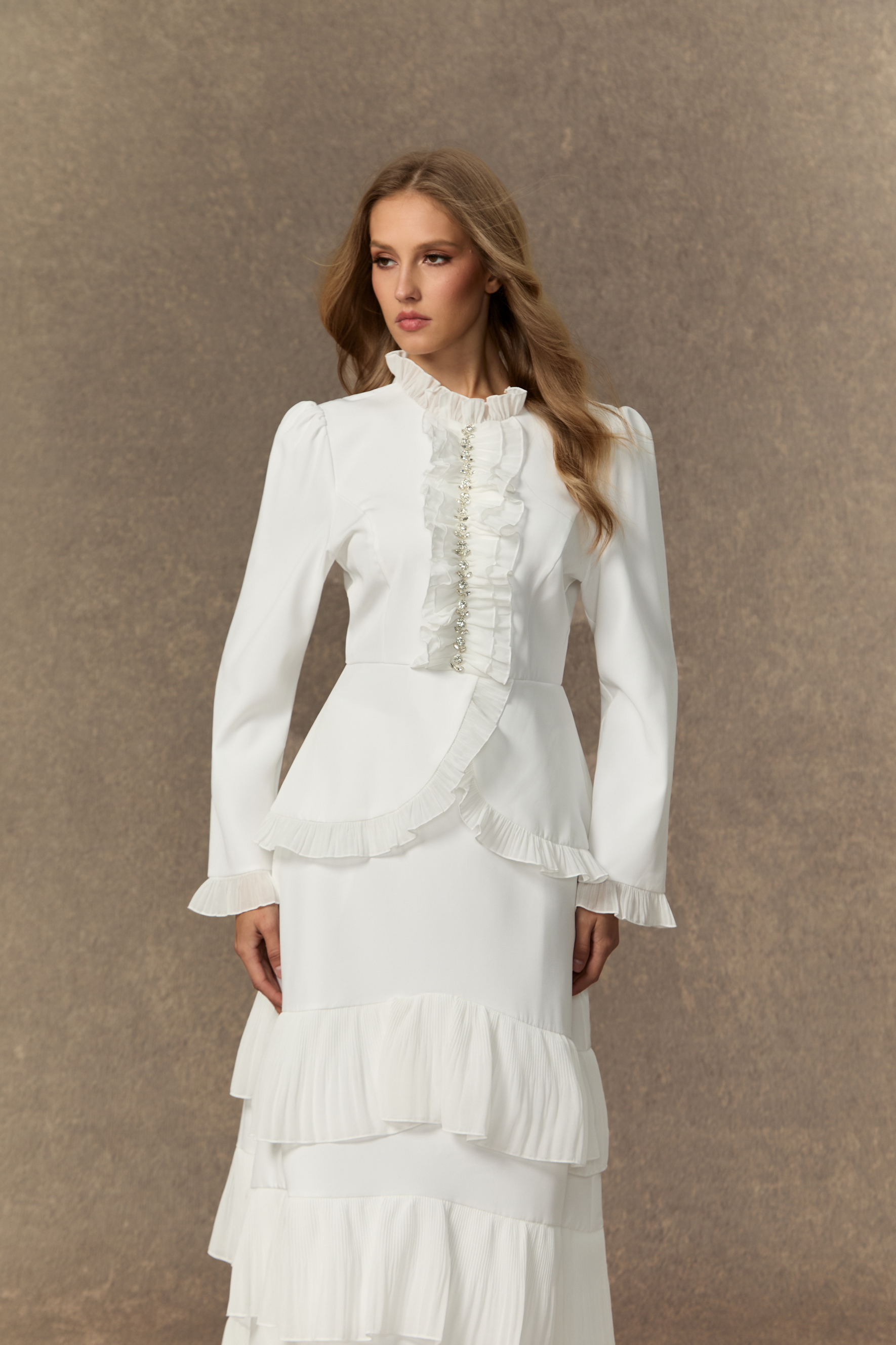 Exquisite Refinement White Rhinestone Embellished Top & Tiered Ruffle Skirt Set