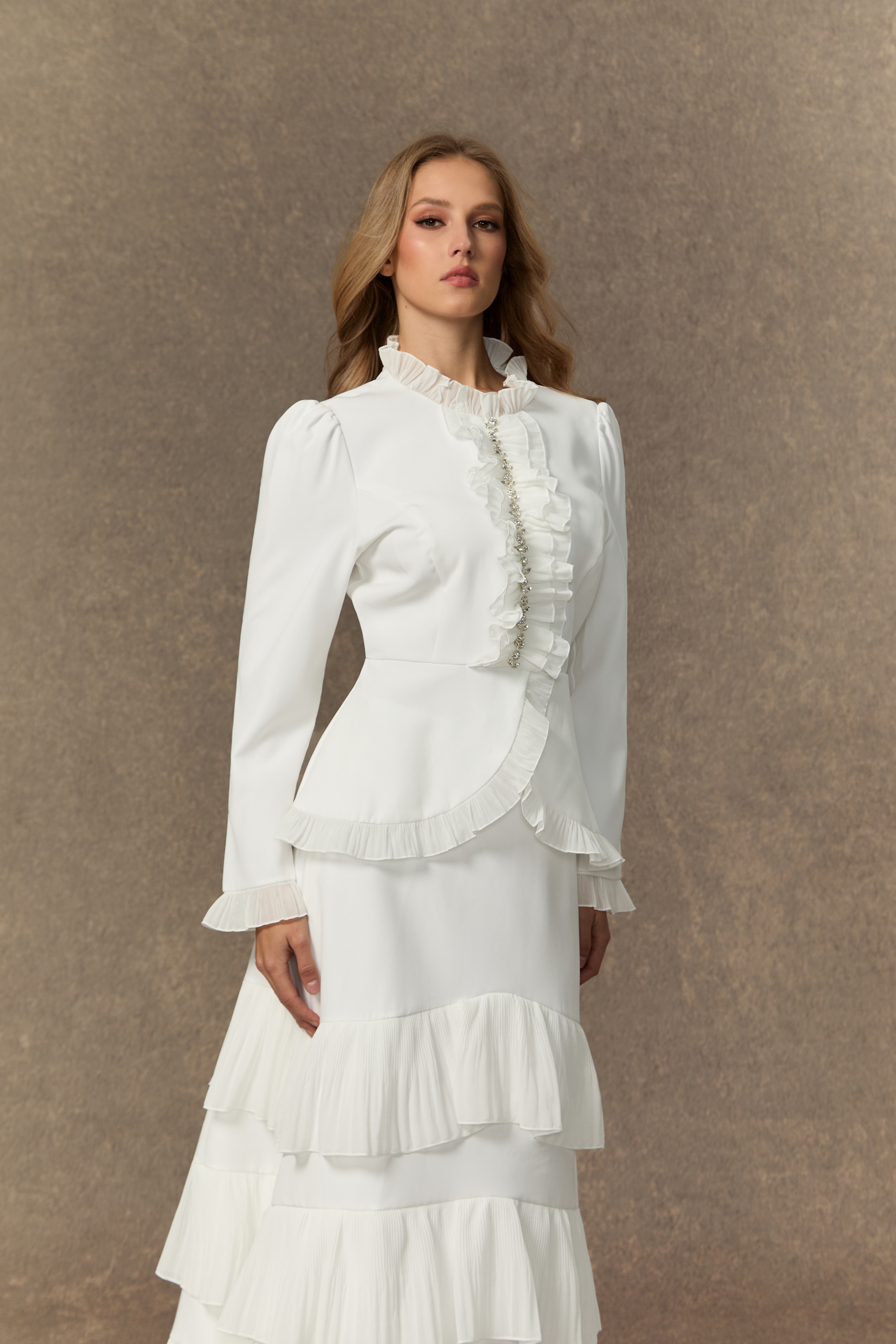 Exquisite Refinement White Rhinestone Embellished Top & Tiered Ruffle Skirt Set