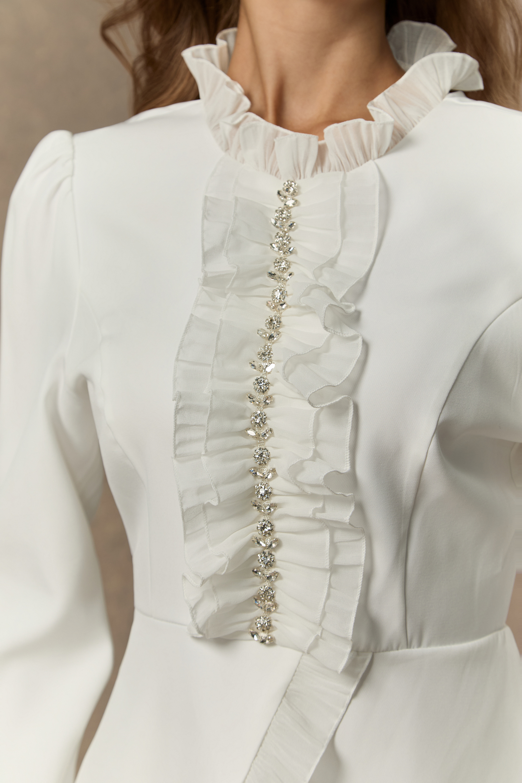 Exquisite Refinement White Rhinestone Embellished Top & Tiered Ruffle Skirt Set