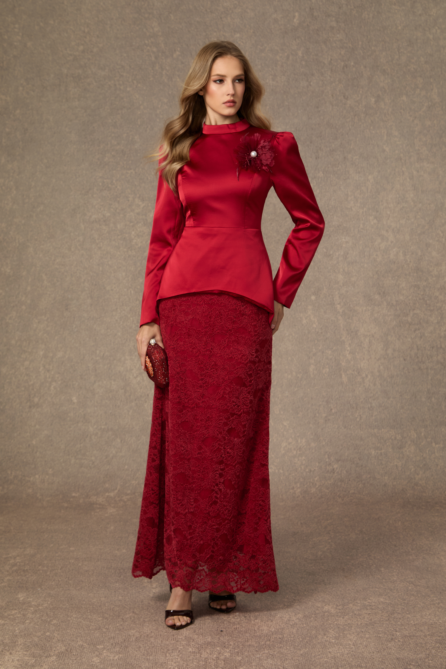 Beautiful Evenings Burgundy Floral Applique Satin Top & Lace Skirt Set