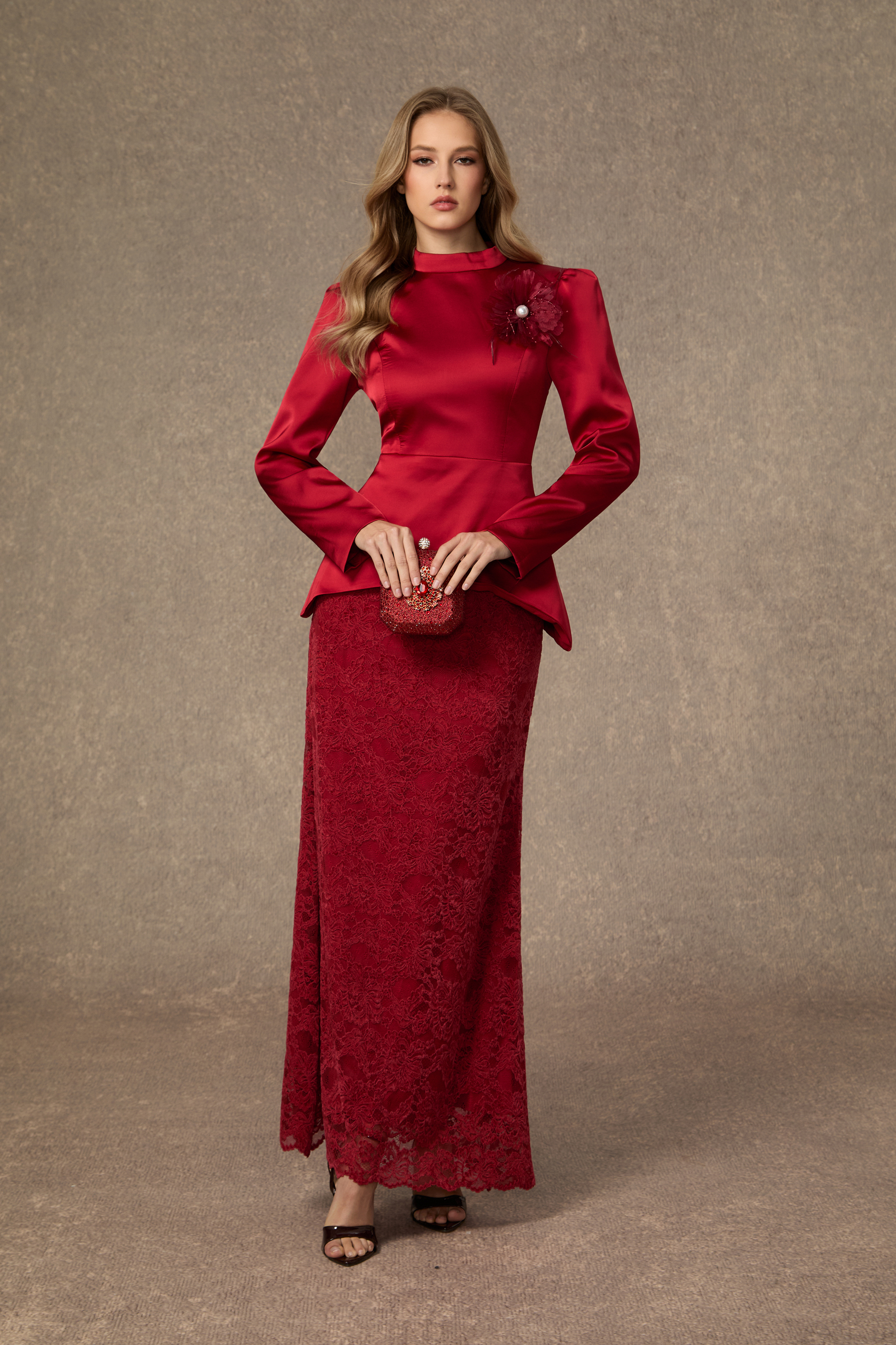 Beautiful Evenings Burgundy Floral Applique Satin Top & Lace Skirt Set