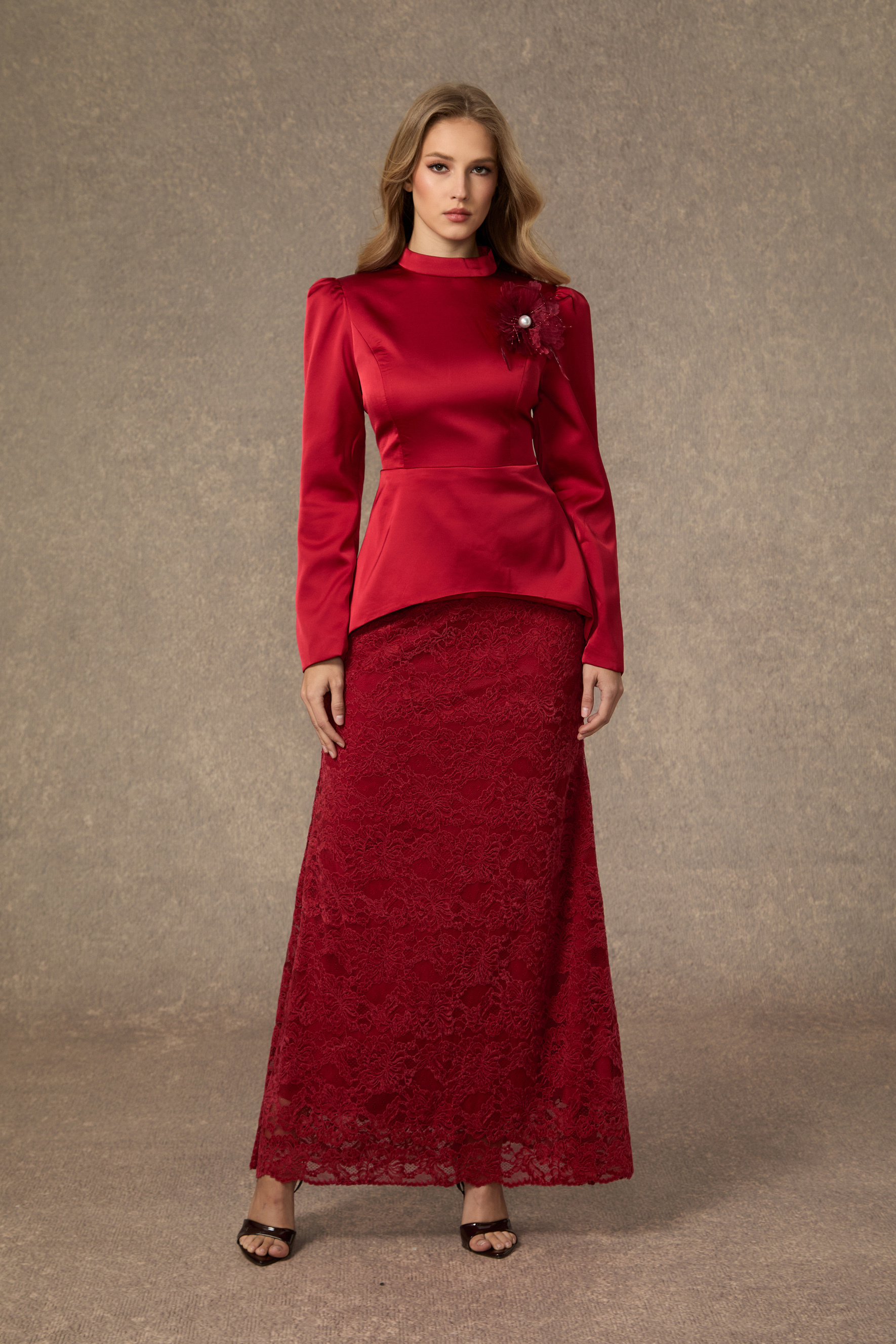 Beautiful Evenings Burgundy Floral Applique Satin Top & Lace Skirt Set