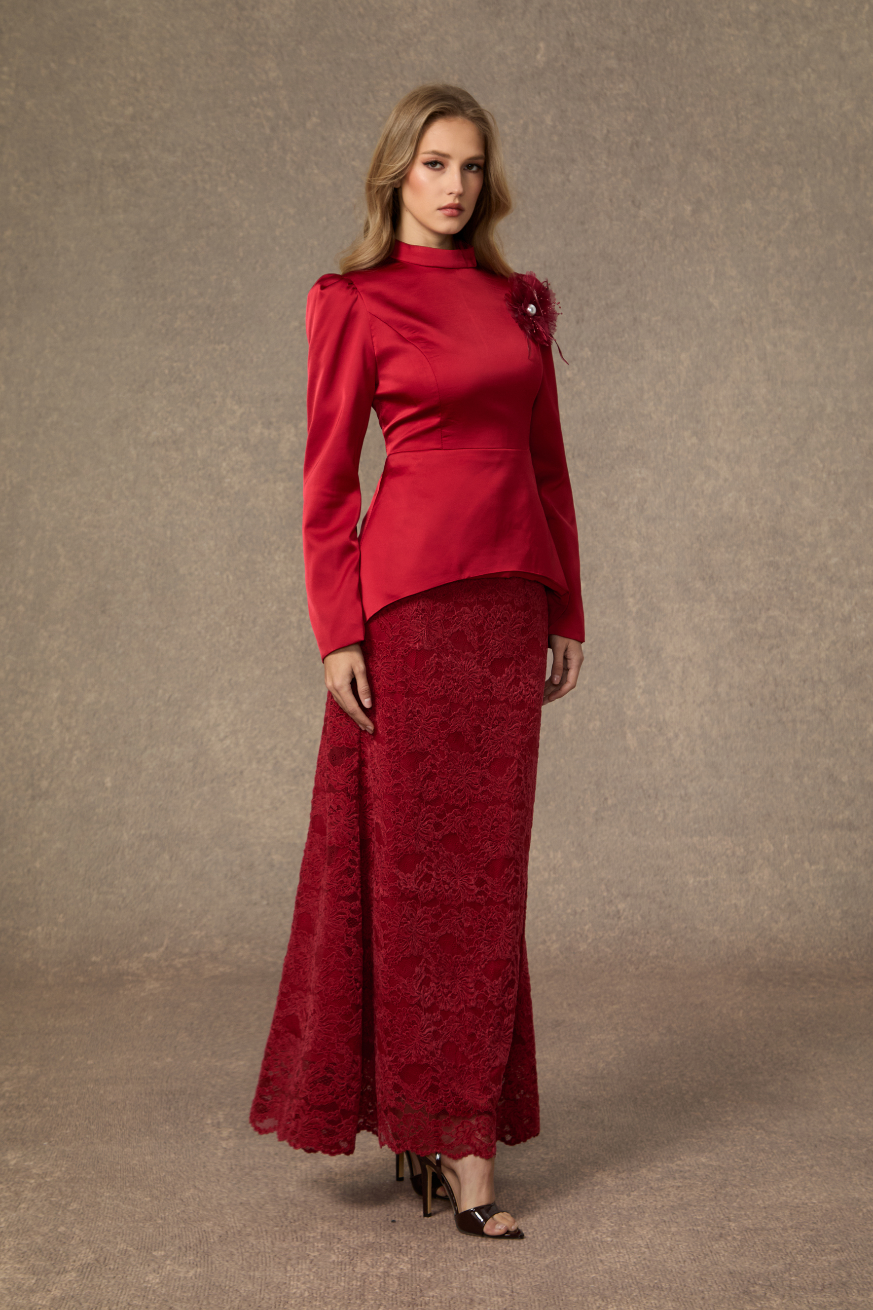 Beautiful Evenings Burgundy Floral Applique Satin Top & Lace Skirt Set