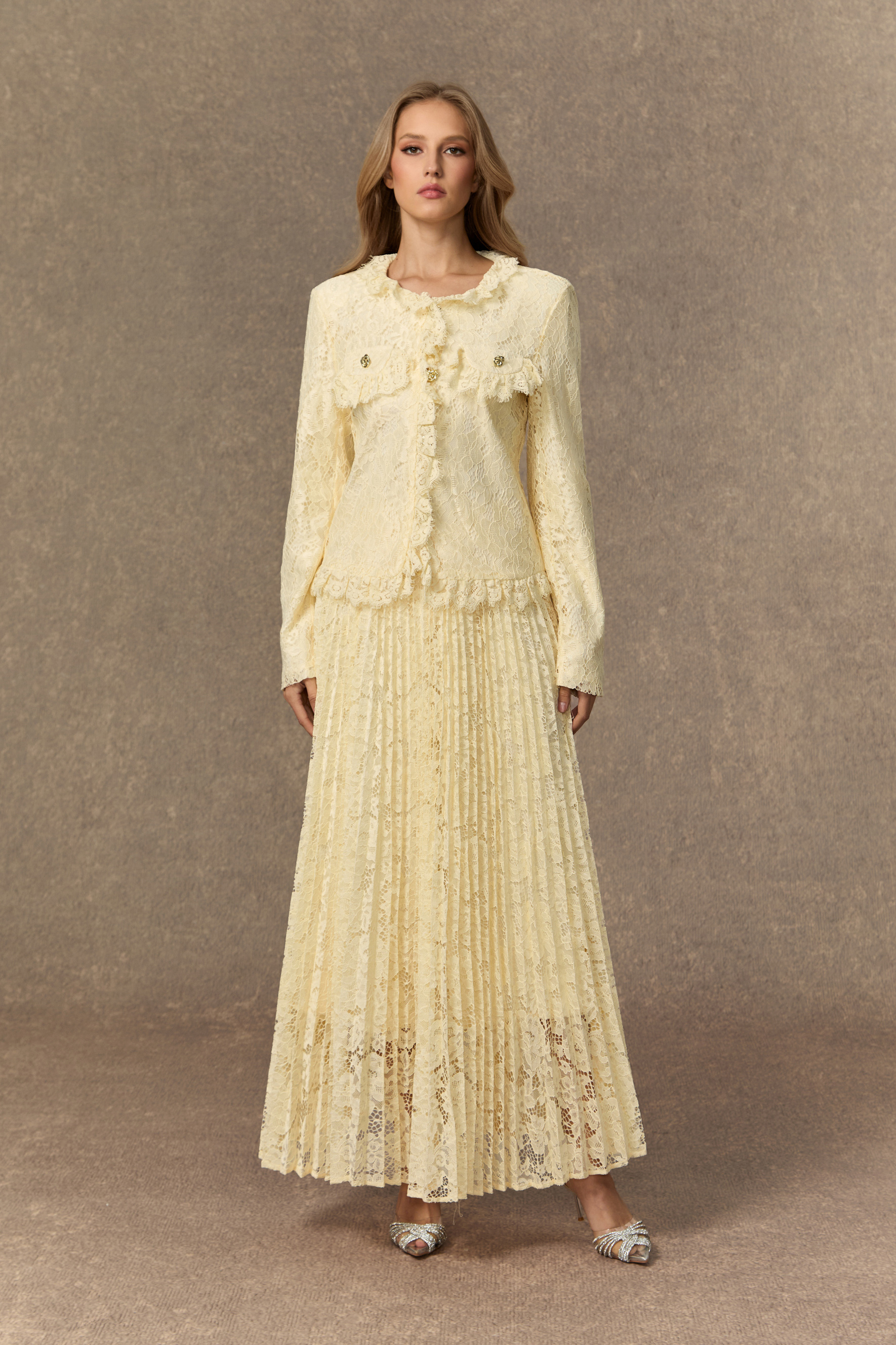 Blissful Strolls Beige Floral Lace Ruffle Jacket & Pleated Skirt Set