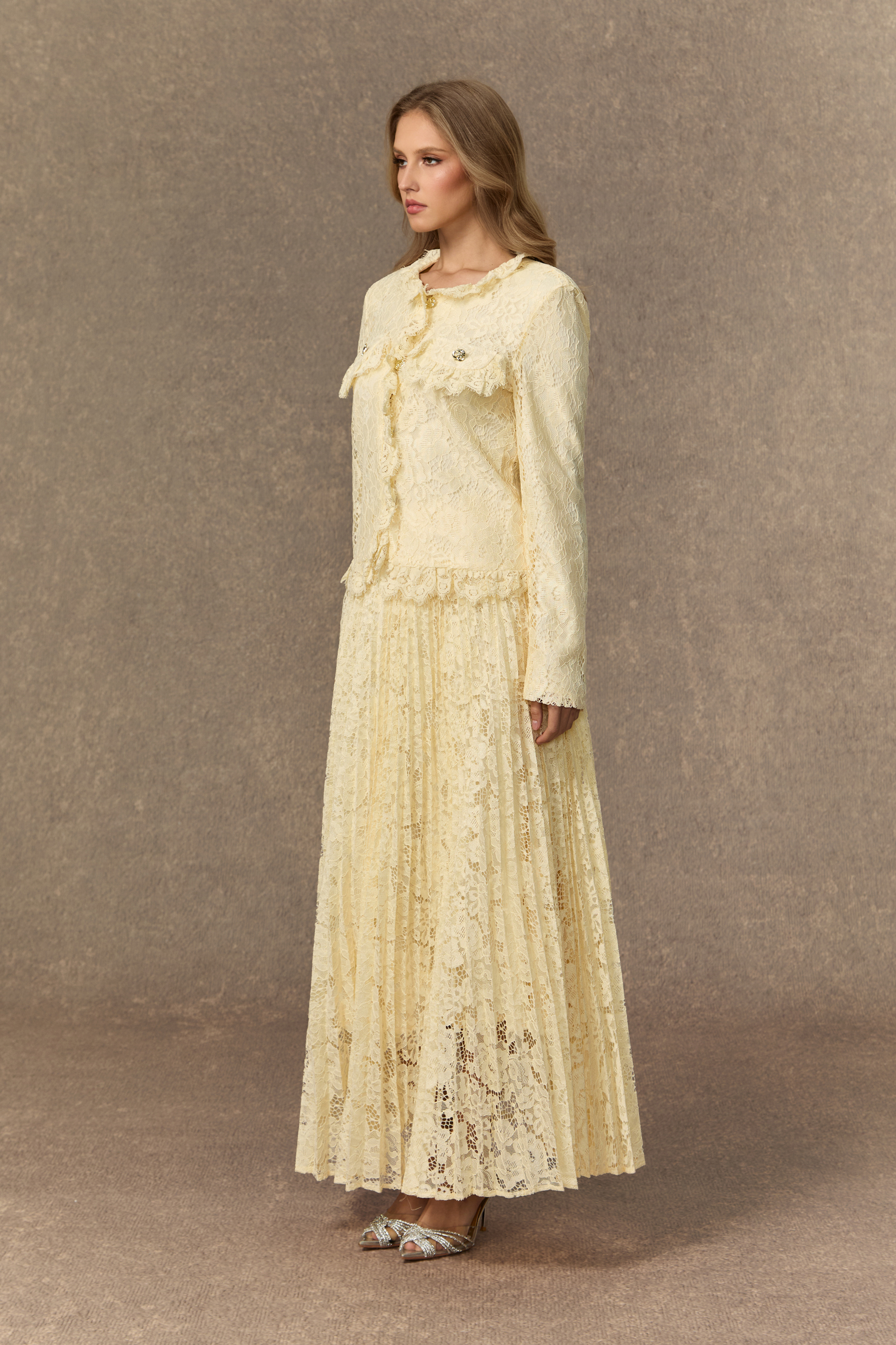 Blissful Strolls Beige Floral Lace Ruffle Jacket & Pleated Skirt Set