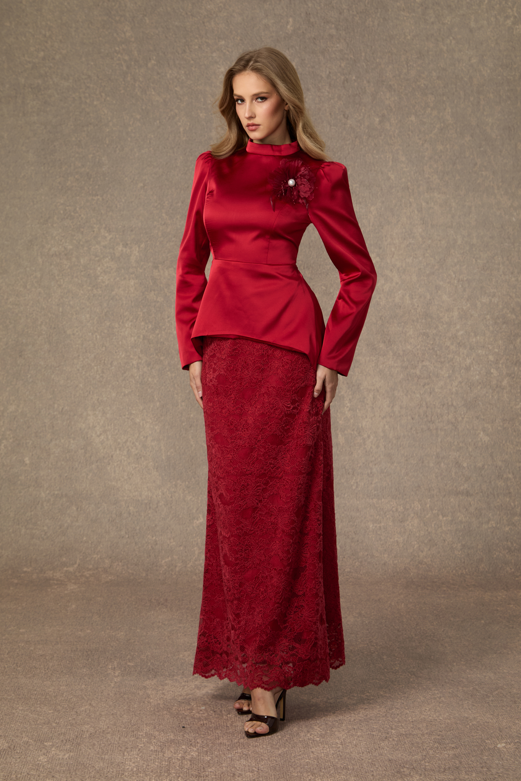 Beautiful Evenings Burgundy Floral Applique Satin Top & Lace Skirt Set