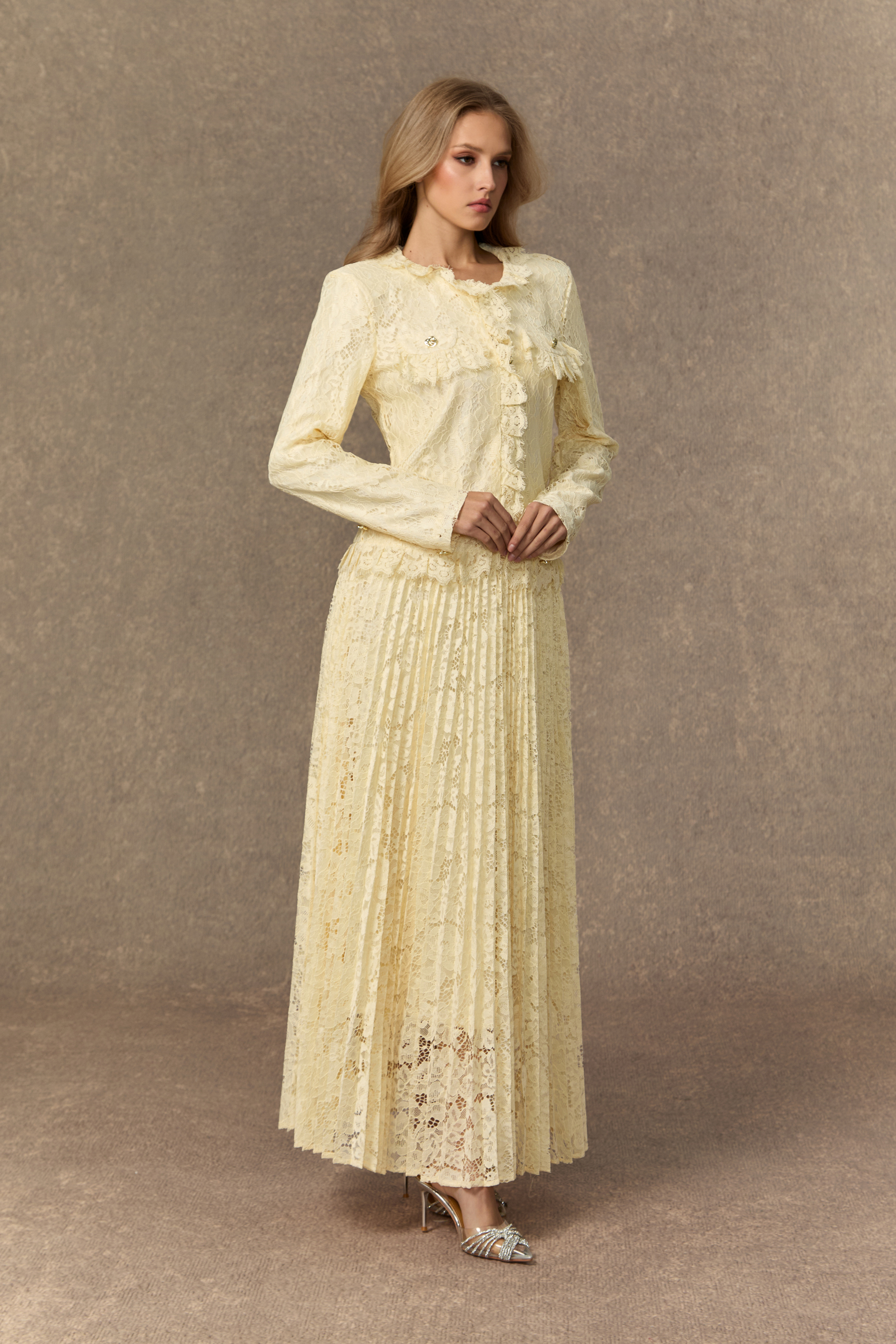 Blissful Strolls Beige Floral Lace Ruffle Jacket & Pleated Skirt Set