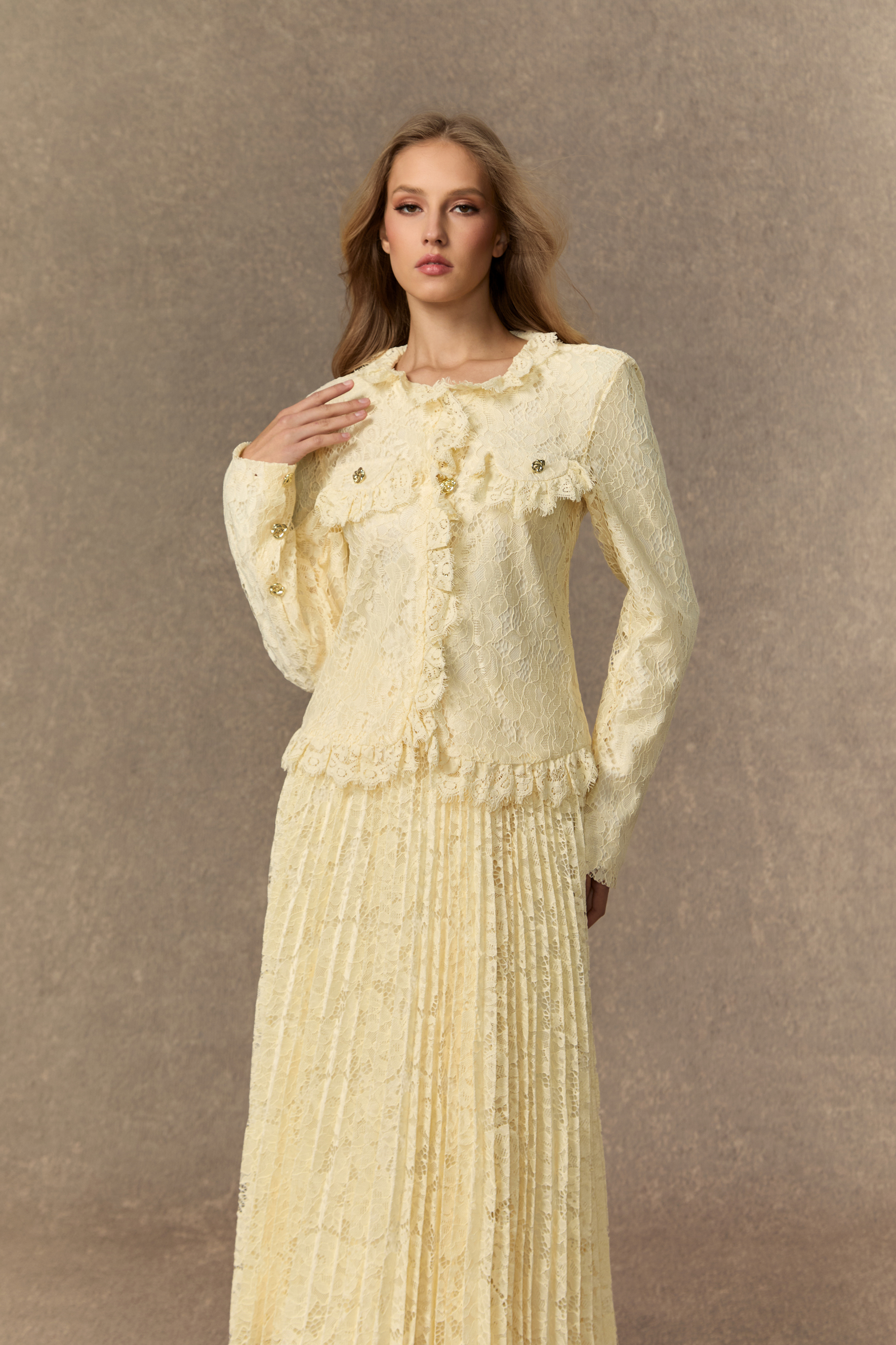 Blissful Strolls Beige Floral Lace Ruffle Jacket & Pleated Skirt Set