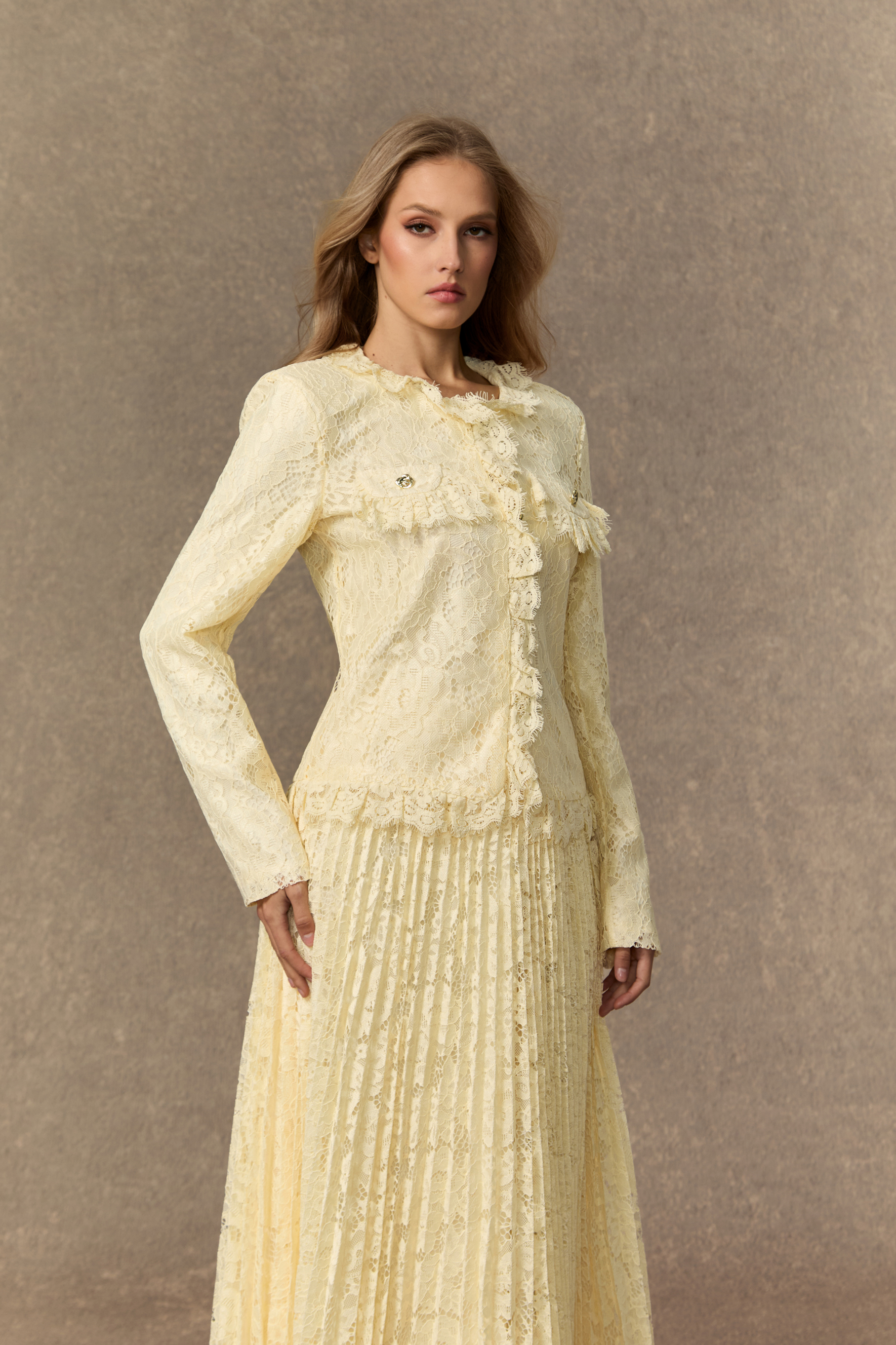Blissful Strolls Beige Floral Lace Ruffle Jacket & Pleated Skirt Set